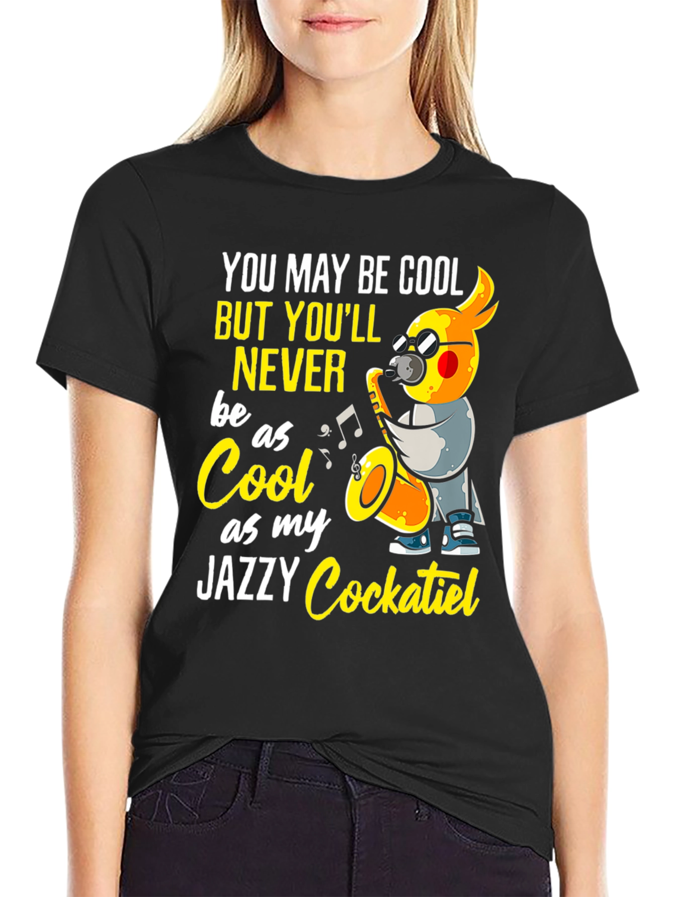 Black Jazzy Cockatiel T-Shirt - Cool Music Bird Tee view 2