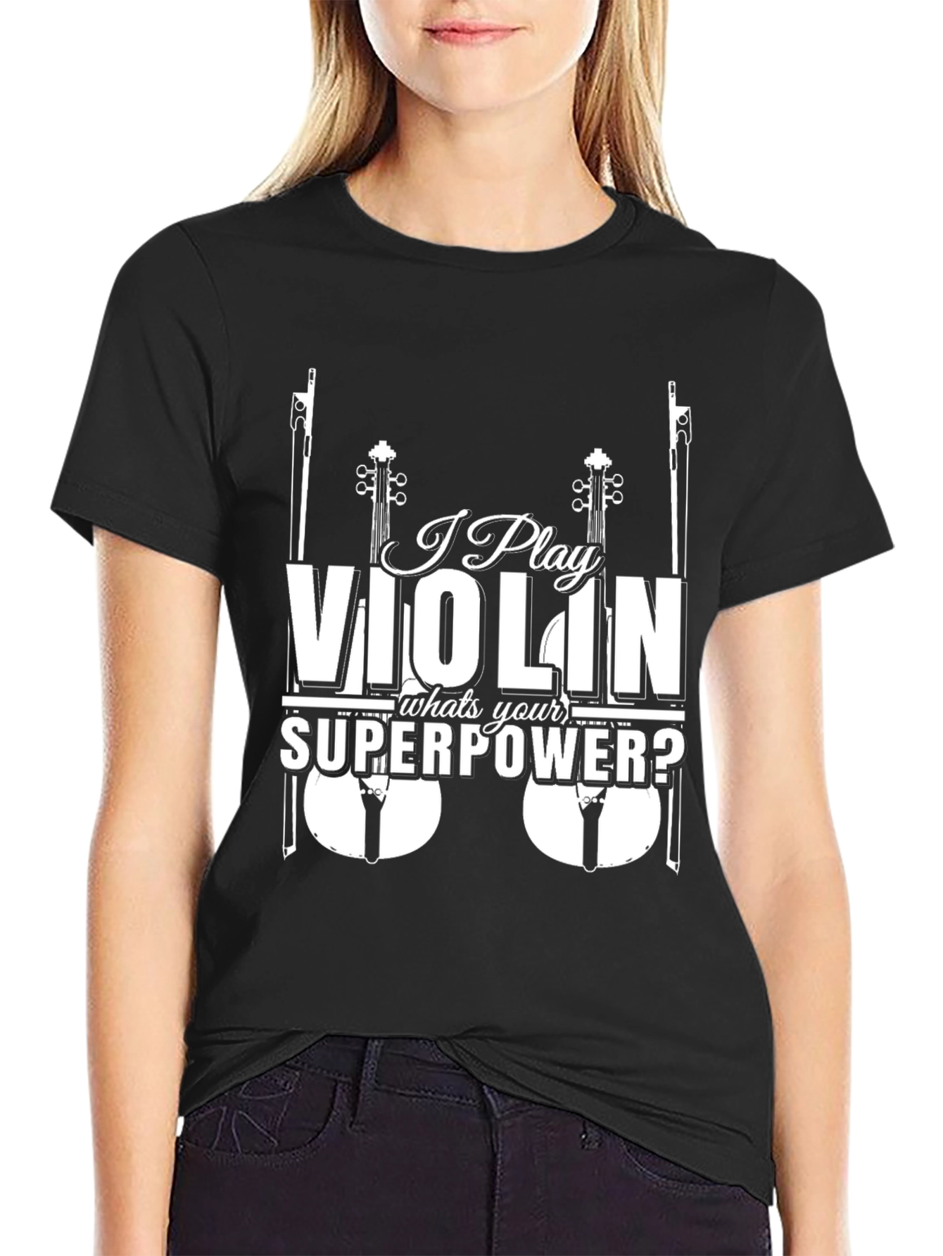 Black I Play Violin What's Your Superpower Funny Musician T-Shirt view 2