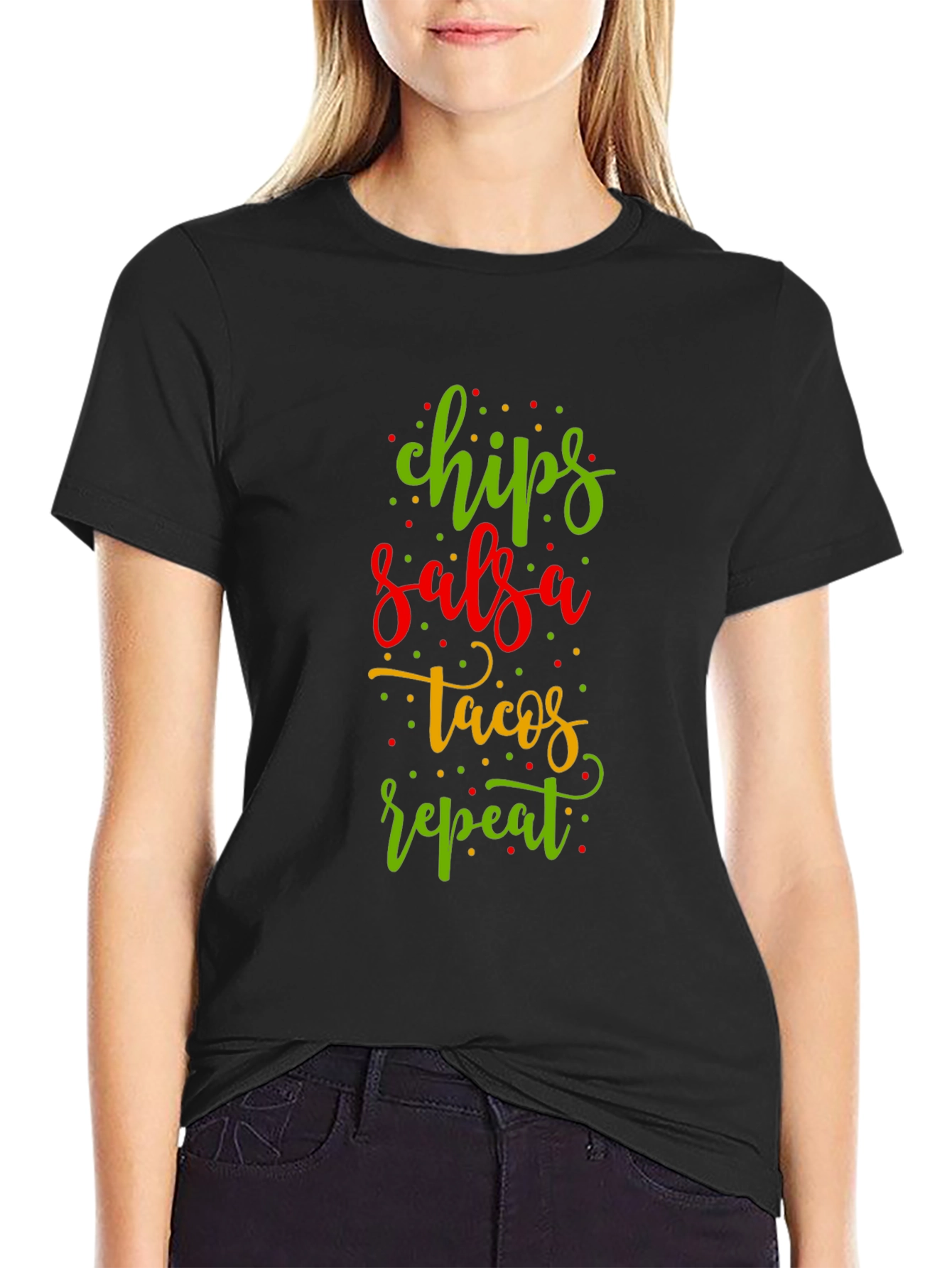 Black Chips Salsa Tacos Repeat Funny Graphic Tee view 2