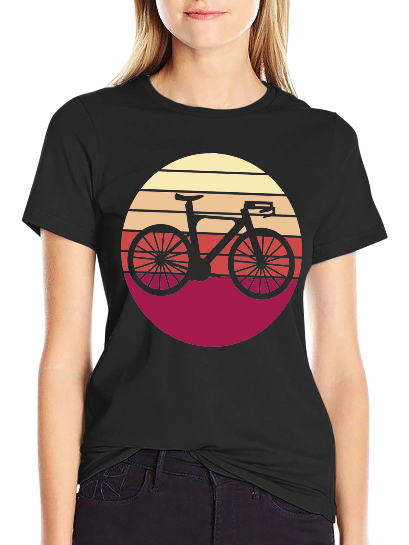 Black Retro Bicycle Sunset Graphic Tee - Black Cotton T-Shirt view 2