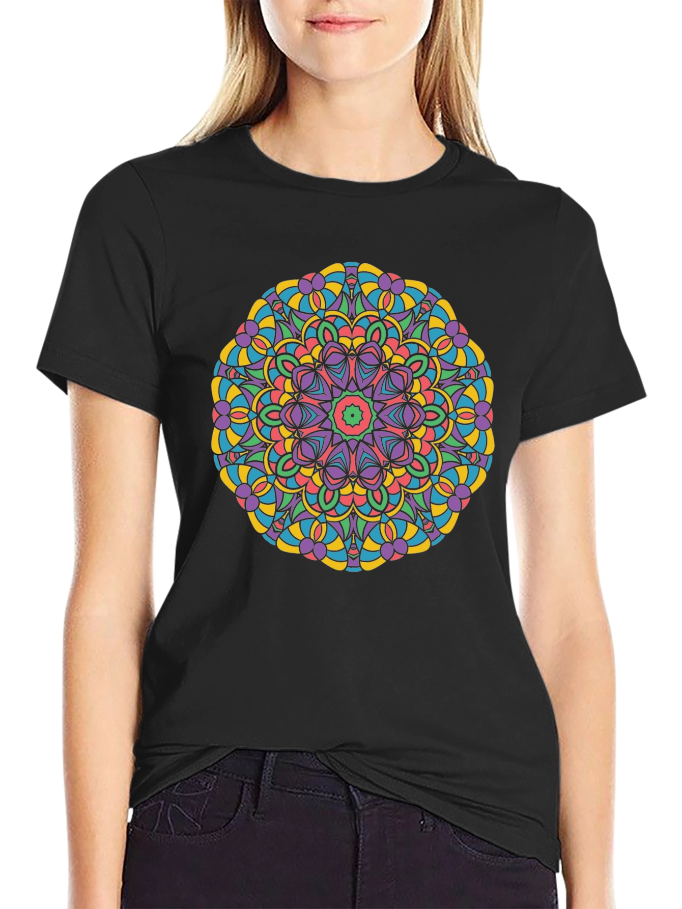 Black Colorful Mandala Graphic Print Crew Neck T-Shirt view 2
