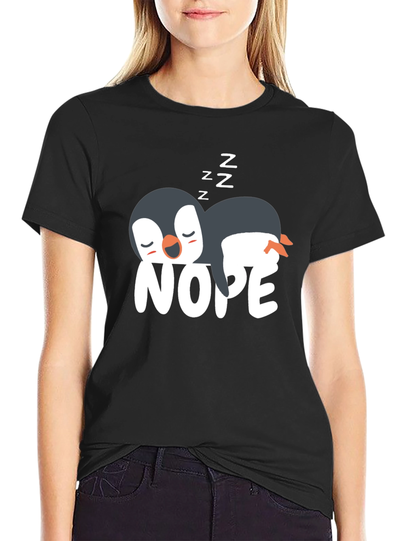 Black Nope Penguin T-Shirt - Funny Sleepy Penguin Tee view 2