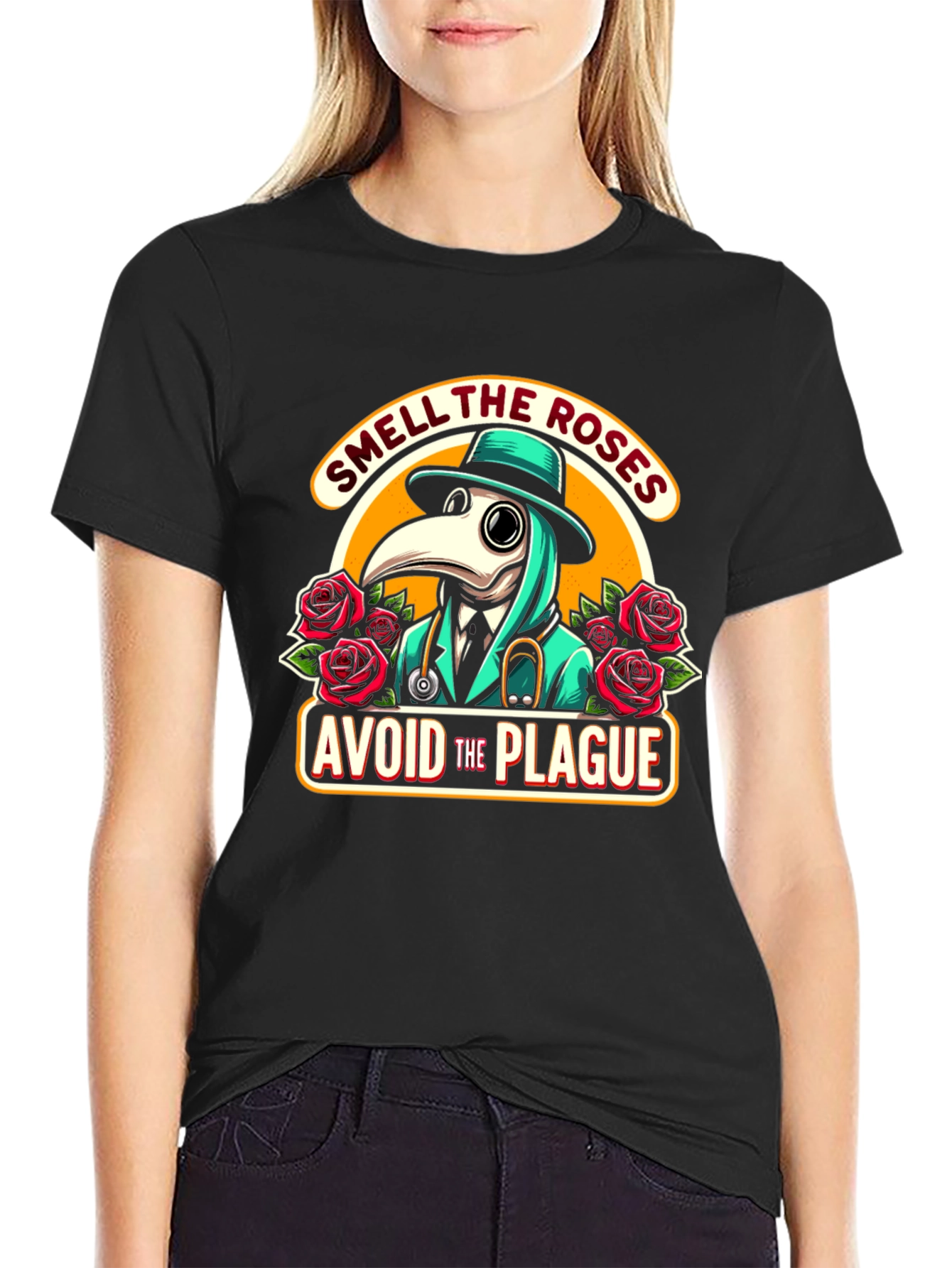 Black Plague Doctor T-Shirt: Smell the Roses, Avoid the Plague view 2
