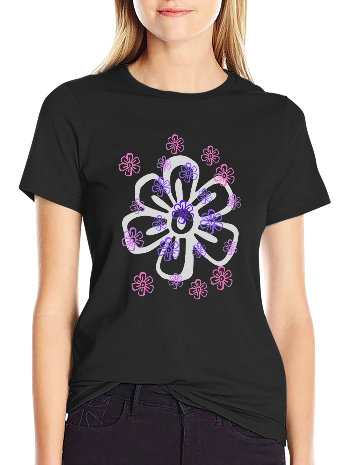 Black Floral Design T-Shirt - Black Cotton Blend view 2