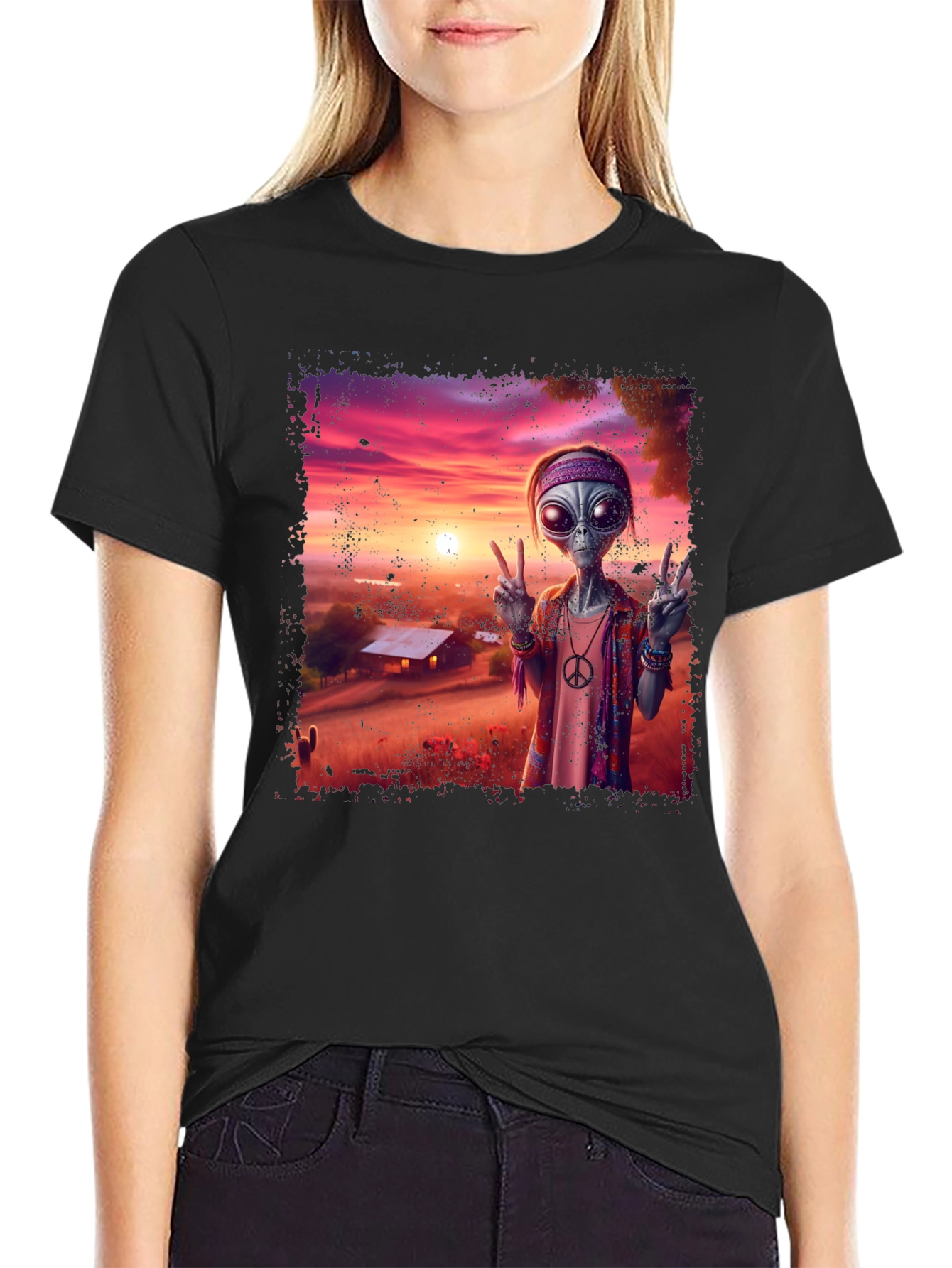 Retro Alien Peace T-Shirt - Groovy Sunset Design - 2