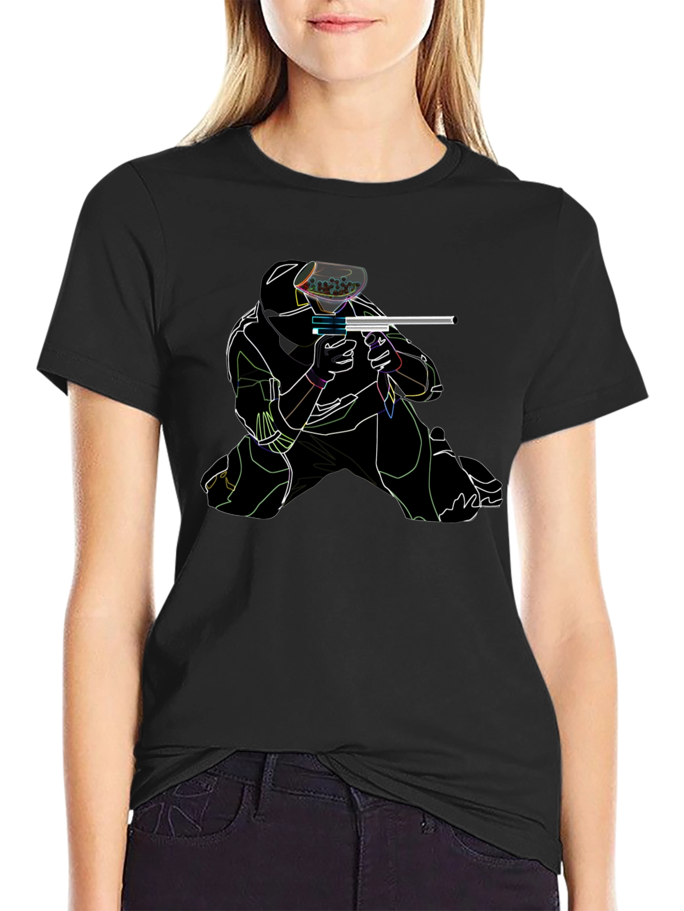 Black Neon Paintball Player Black T-Shirt view 2