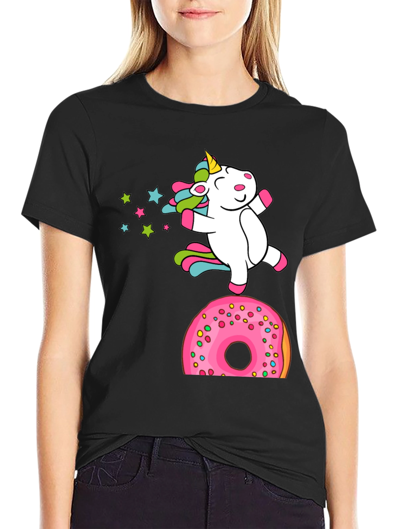 Black Unicorn Donut T-Shirt - Whimsical Graphic Tee view 2