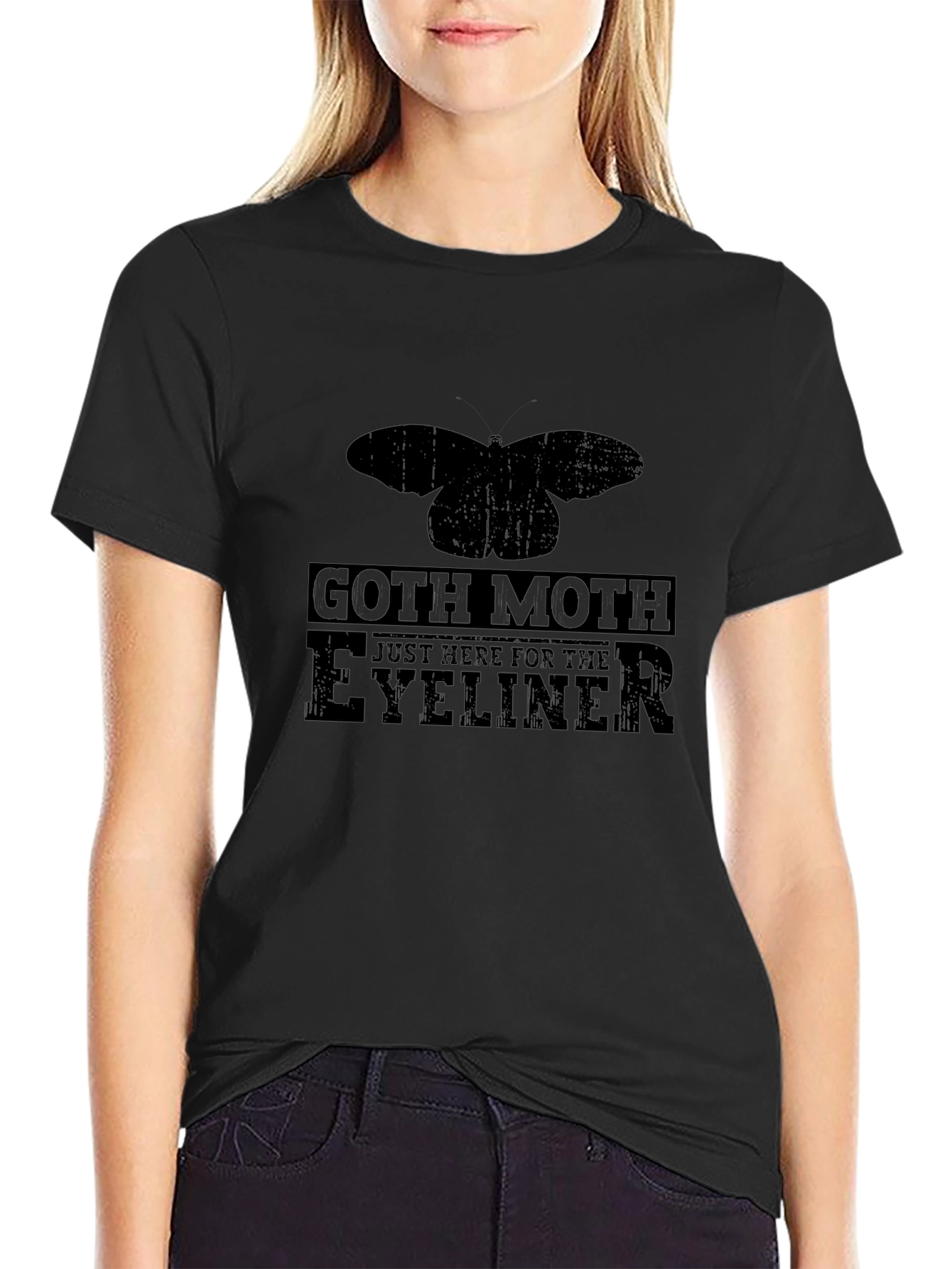 Black Goth Moth Eyeliner T-Shirt - Black Cotton Tee view 2