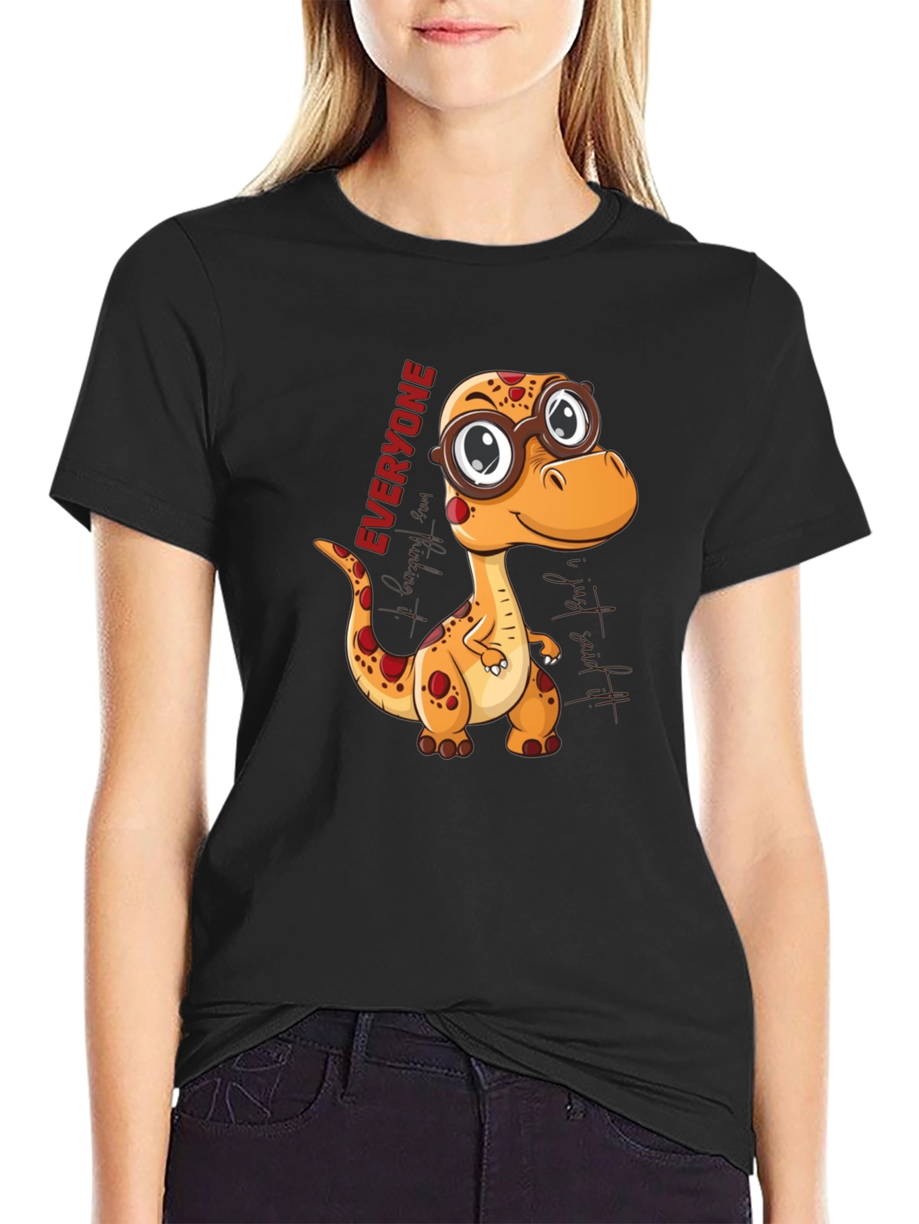 Black Dino Everyone T-Shirt - Cute Cartoon Style view 2