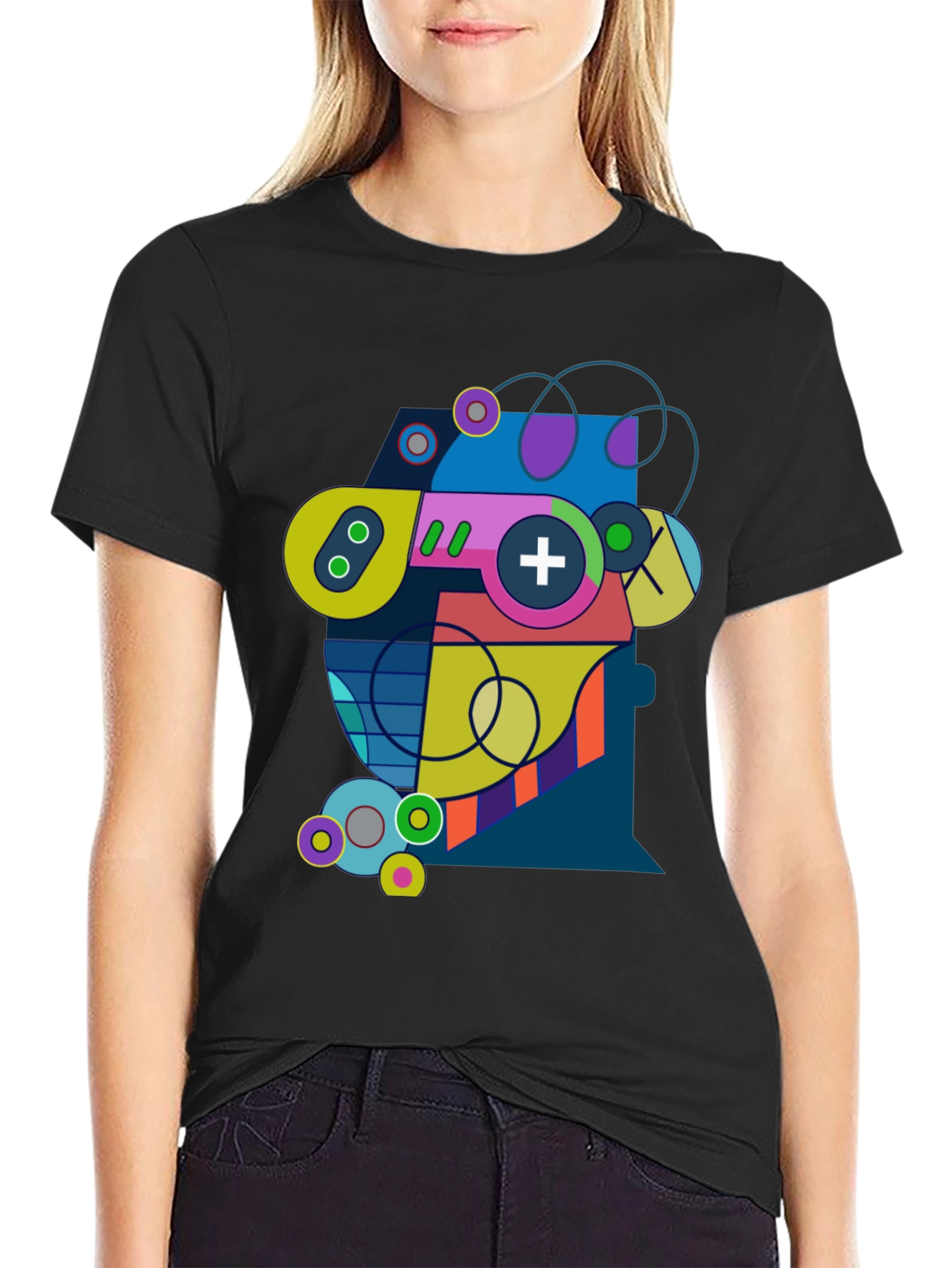 Black Abstract Geometric Game Controller Graphic Tee - Modern Gamer Style view 2