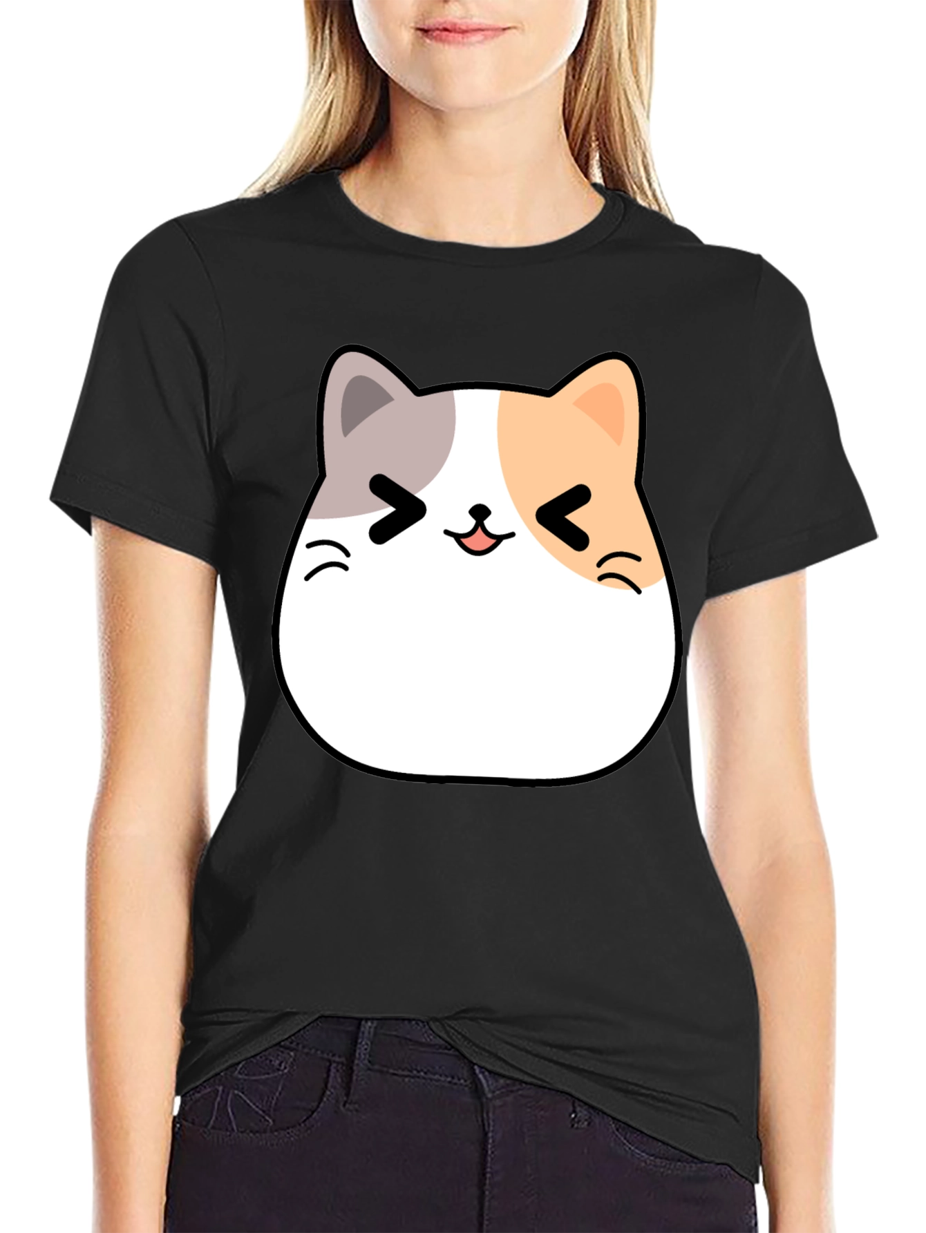 Black Kawaii Cat Graphic T-Shirt - Unisex Black Tee view 2