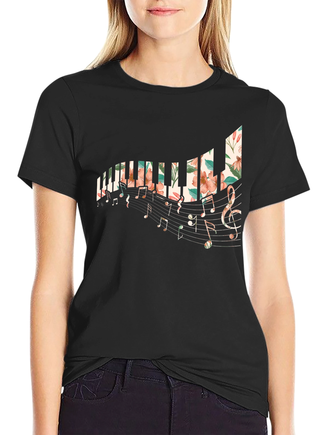 Black Floral Piano Keys T-Shirt view 2