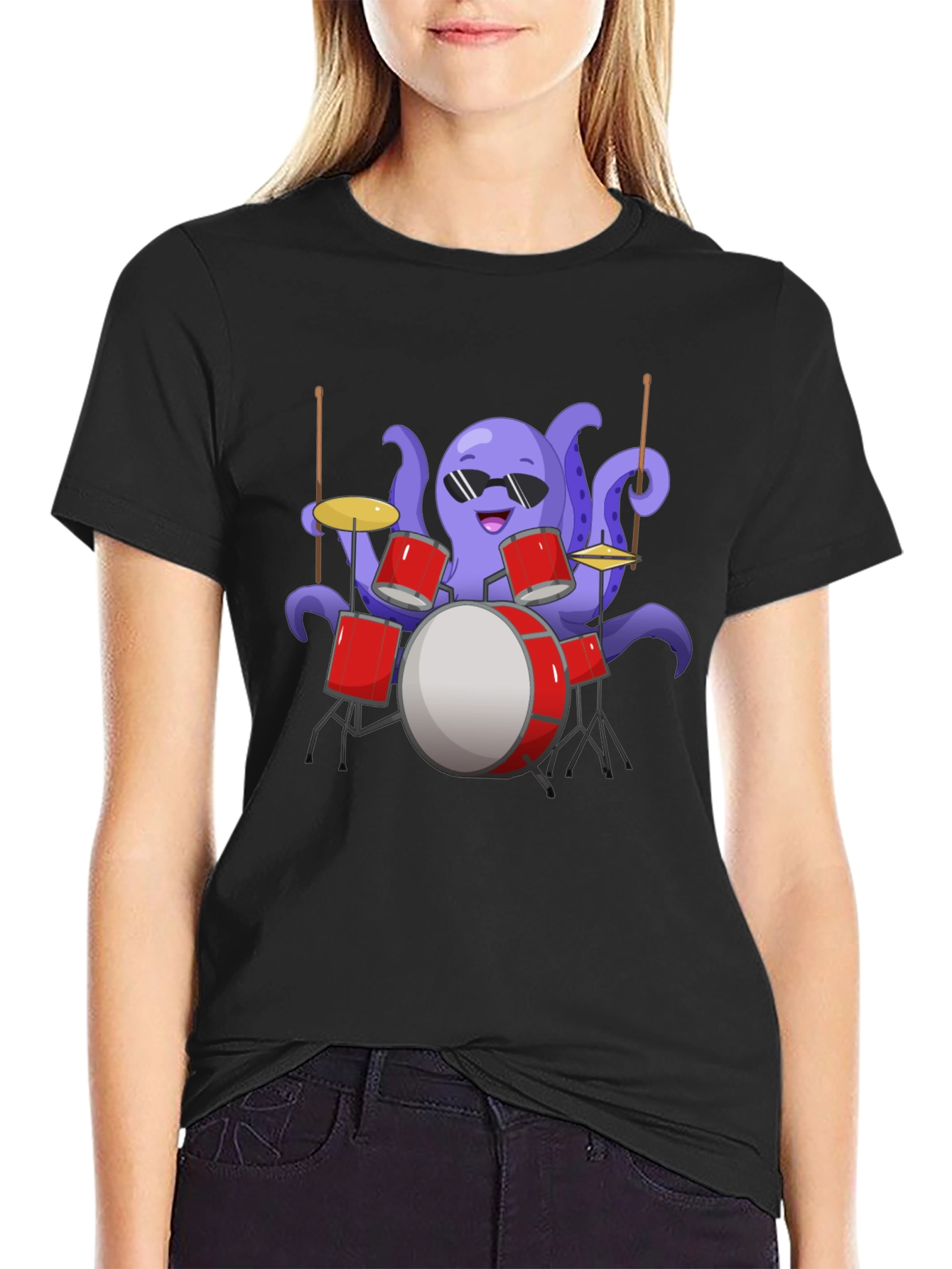 Black Octopus Drummer Graphic Tee - Unique Design view 2