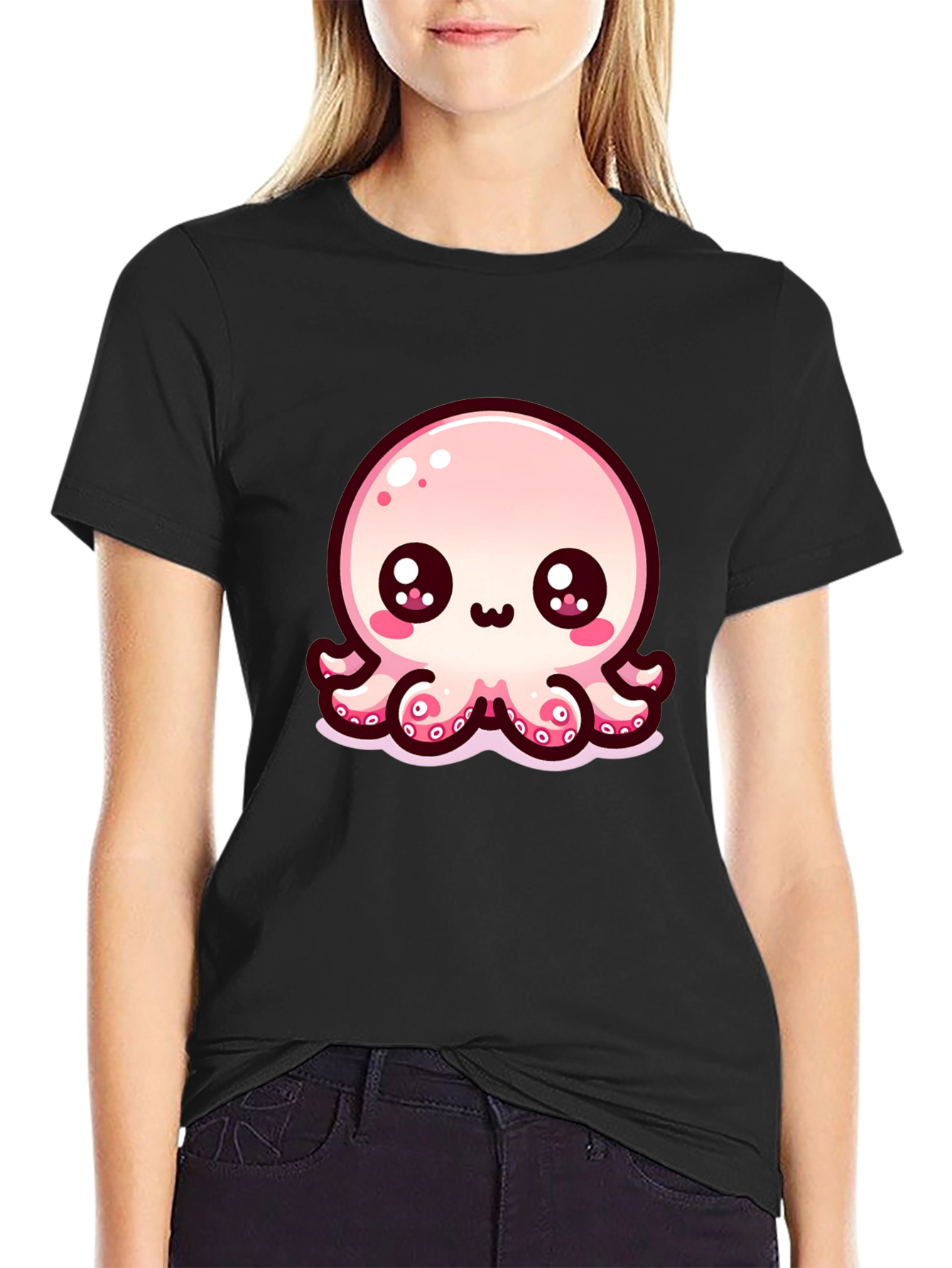 Black Cute Cartoon Octopus Black T-Shirt view 2