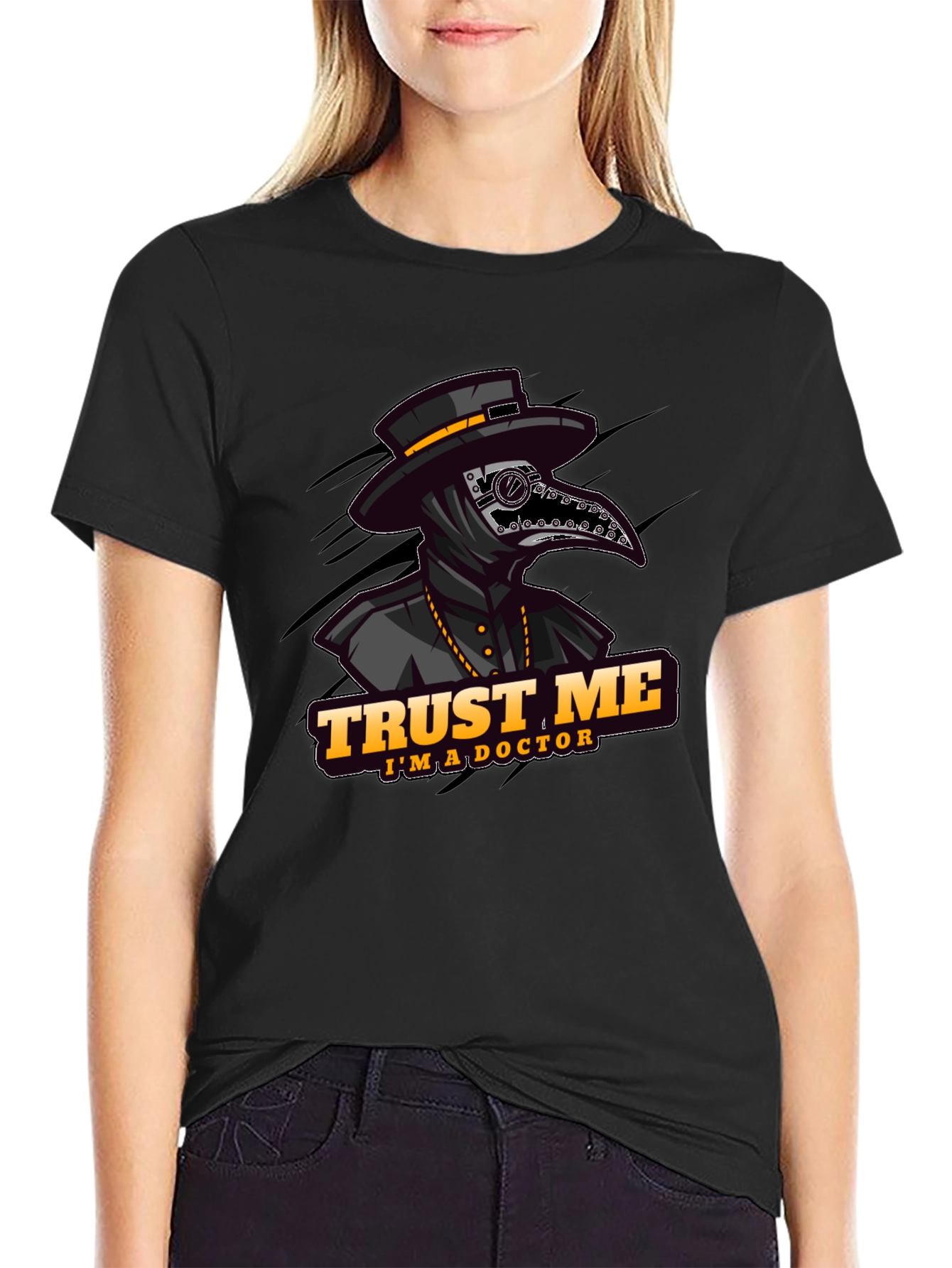 Black Plague Doctor "Trust Me" Graphic T-Shirt view 2
