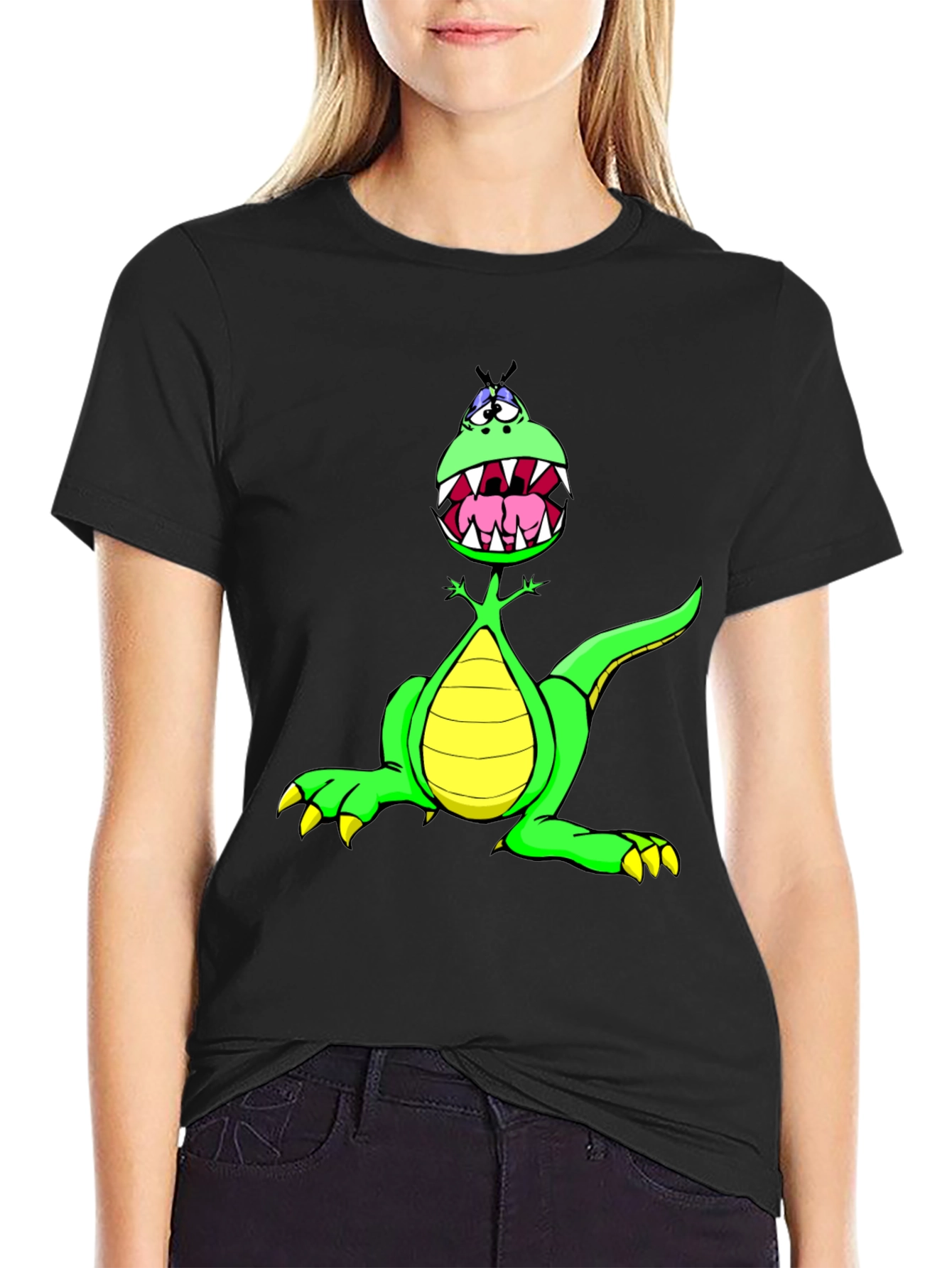 Black Cartoon Dinosaur Graphic Tee - Funny T-Shirt view 2