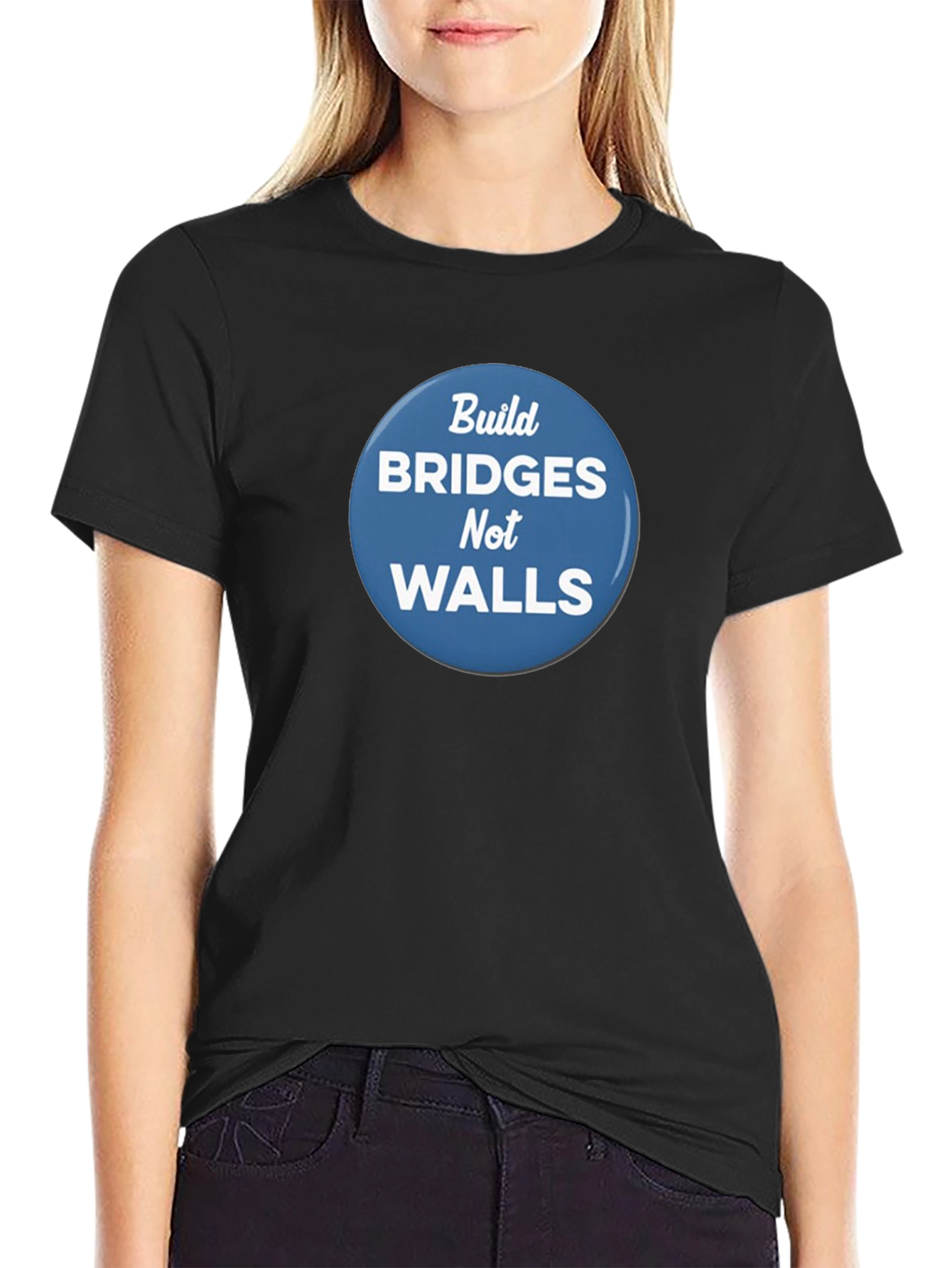 Black Build Bridges Not Walls Graphic Tee view 2