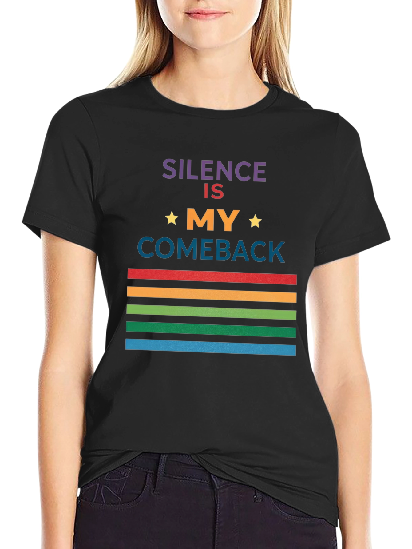 Black Silence Is My Comeback Rainbow Striped T-Shirt view 2