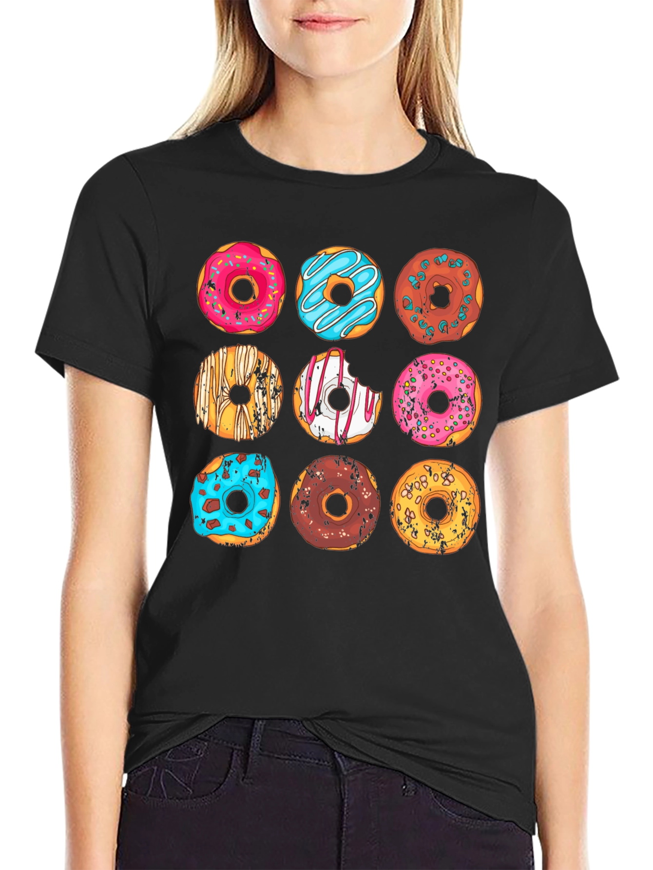 Black Donut Pattern Graphic T-Shirt - Black view 2