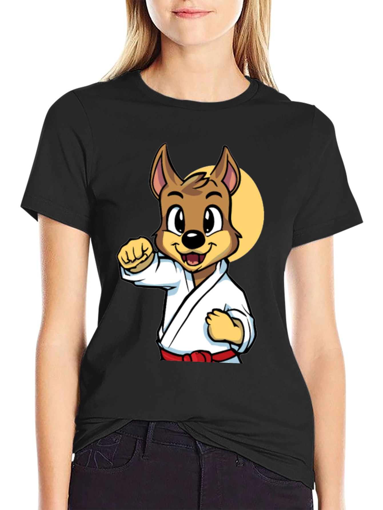 Black Karate Dog Cartoon Graphic T-Shirt - Black view 2