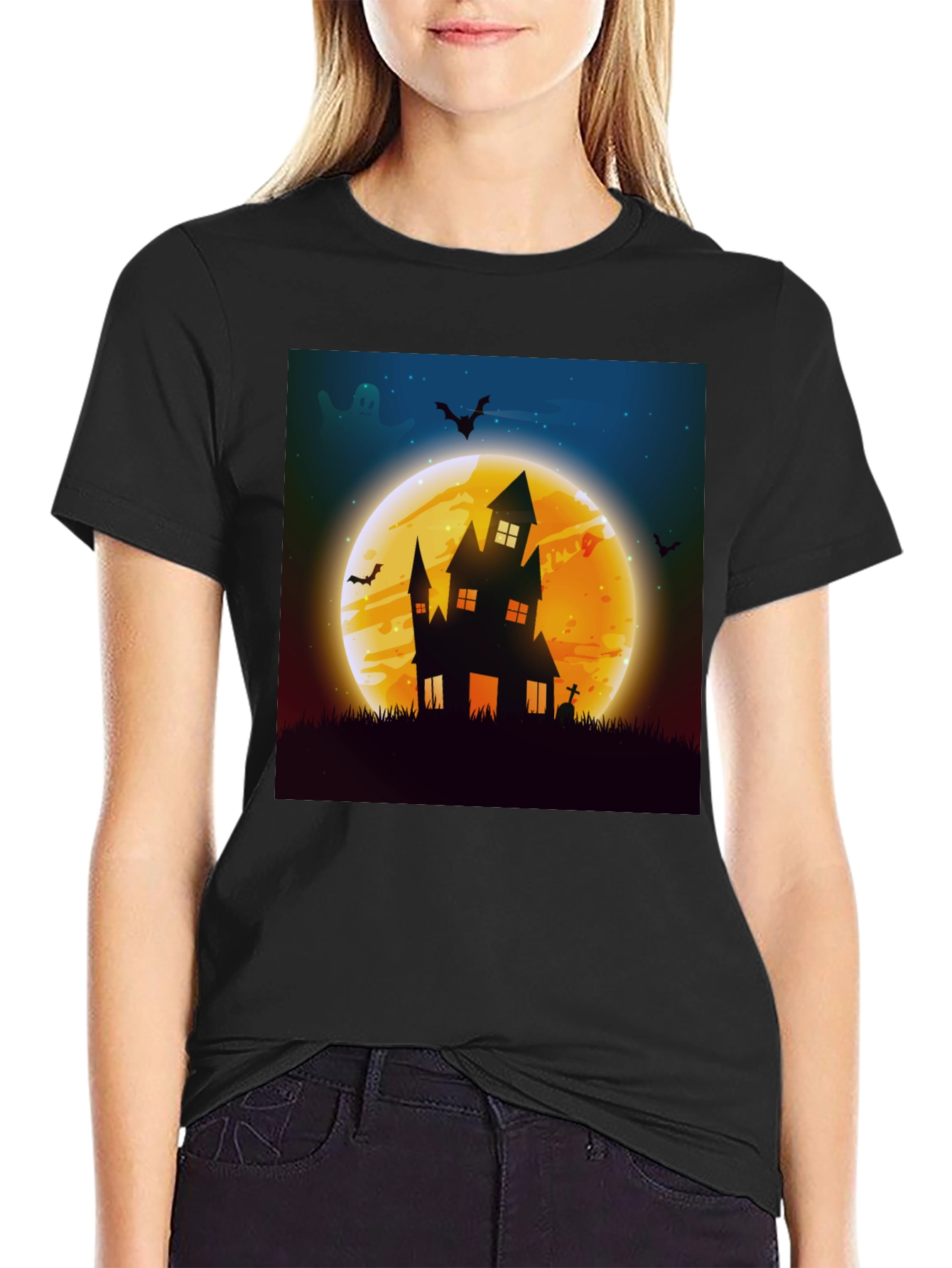 Black Spooky Halloween Haunted House Graphic Tee view 2