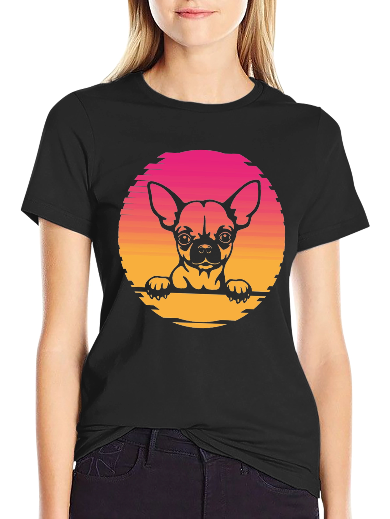 Black Chihuahua Sunset Graphic Tee - Unisex Black T-Shirt view 2