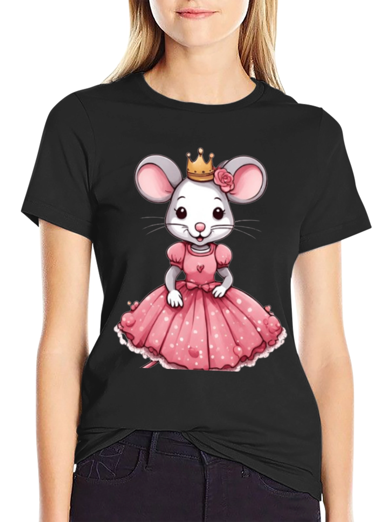 Black Cute Mouse Princess T-Shirt - Cartoon Mouse view 2