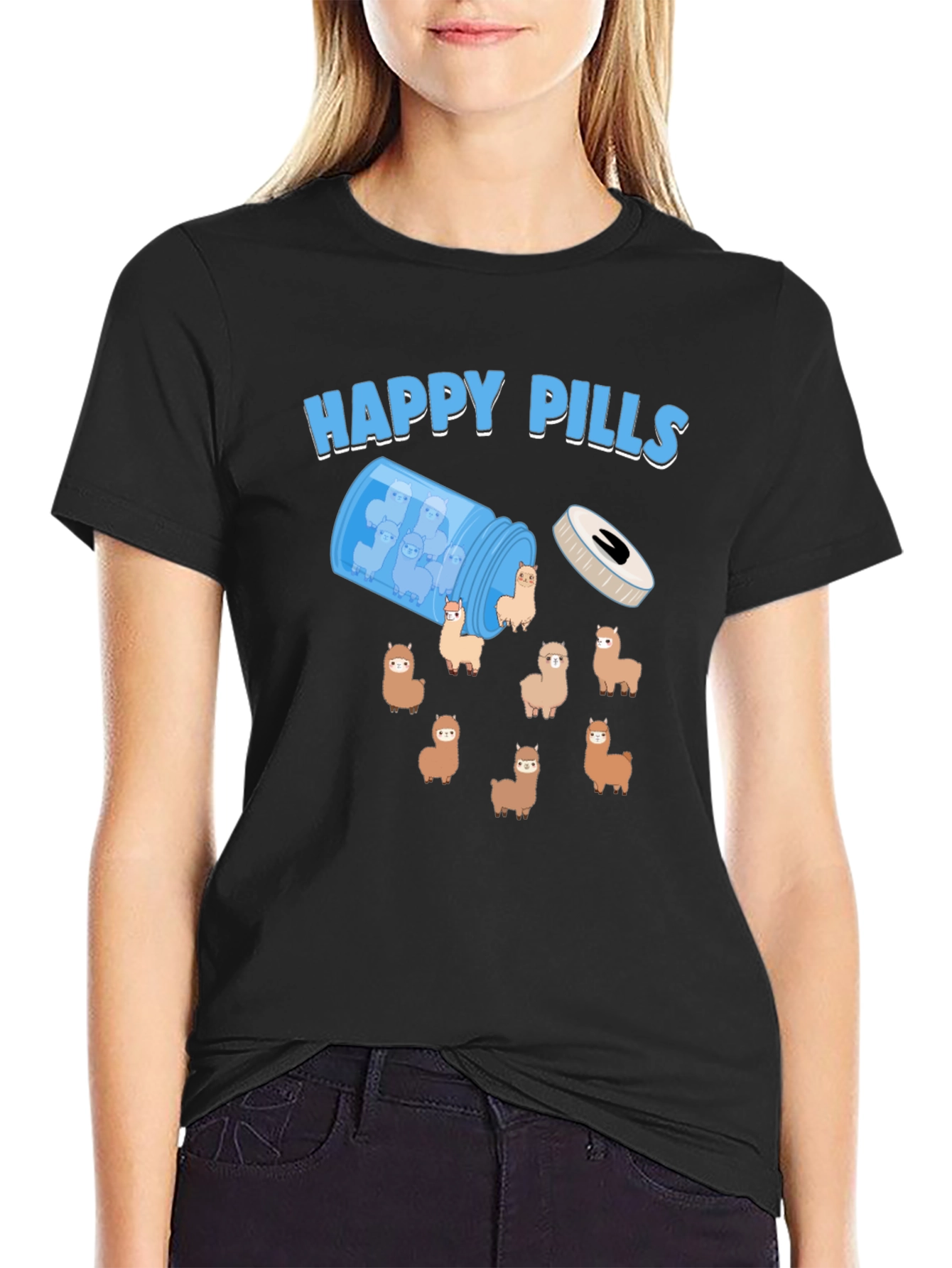 Black Happy Pills Alpaca T-Shirt - Cute & Quirky Design view 2