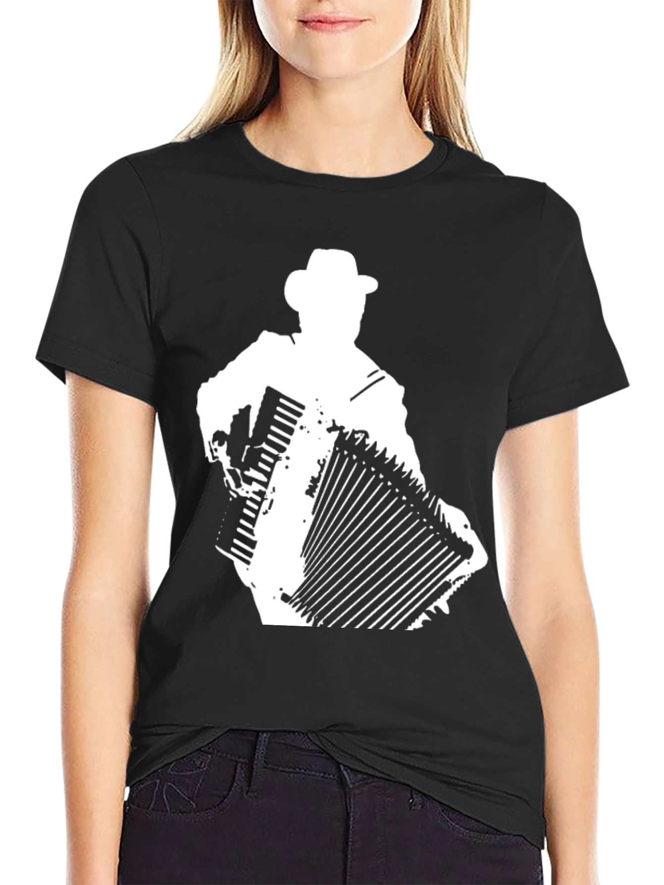 Black Accordion Player Graphic Tee - Cool Musician Shirt view 2