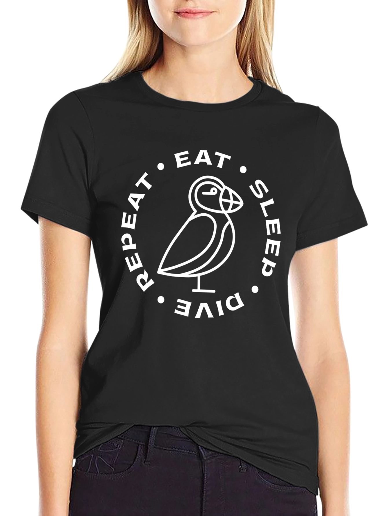 Black Eat Sleep Dive Repeat Puffin T-Shirt view 2