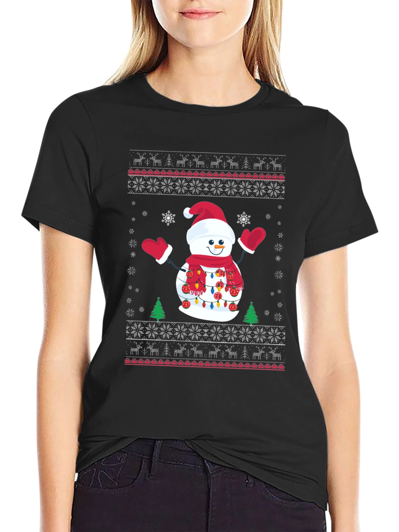 Black Festive Snowman Ugly Christmas T-Shirt view 2