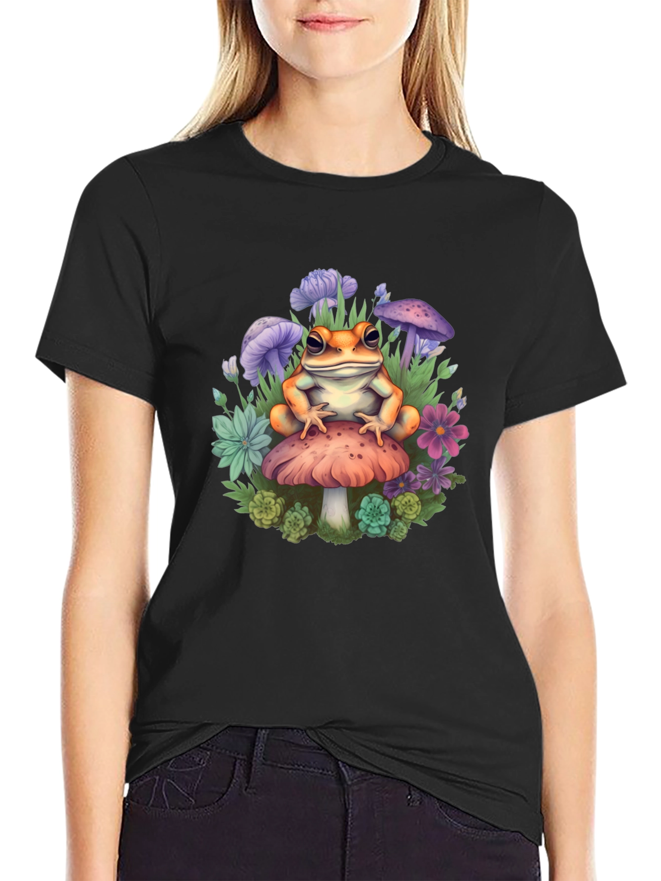 Black Frog on Mushroom Graphic Tee - Whimsical Toadstool Design view 2