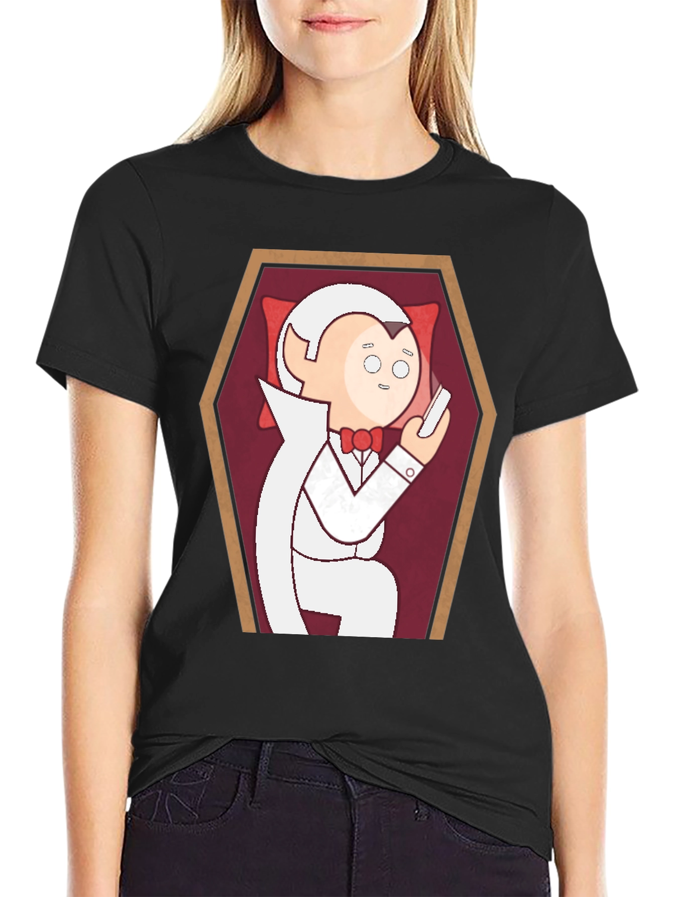 Black Funny Cartoon Vampire in Coffin Graphic T-Shirt view 2