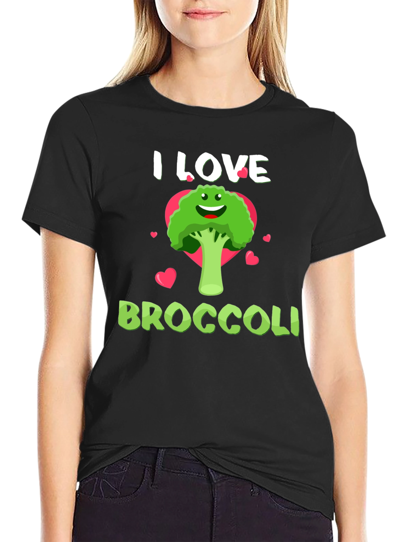 Black I Love Broccoli T-Shirt - Funny Vegan Tee view 2