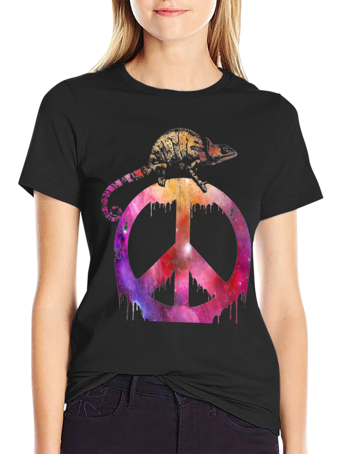 Black Chameleon Peace Sign Graphic T-Shirt view 2