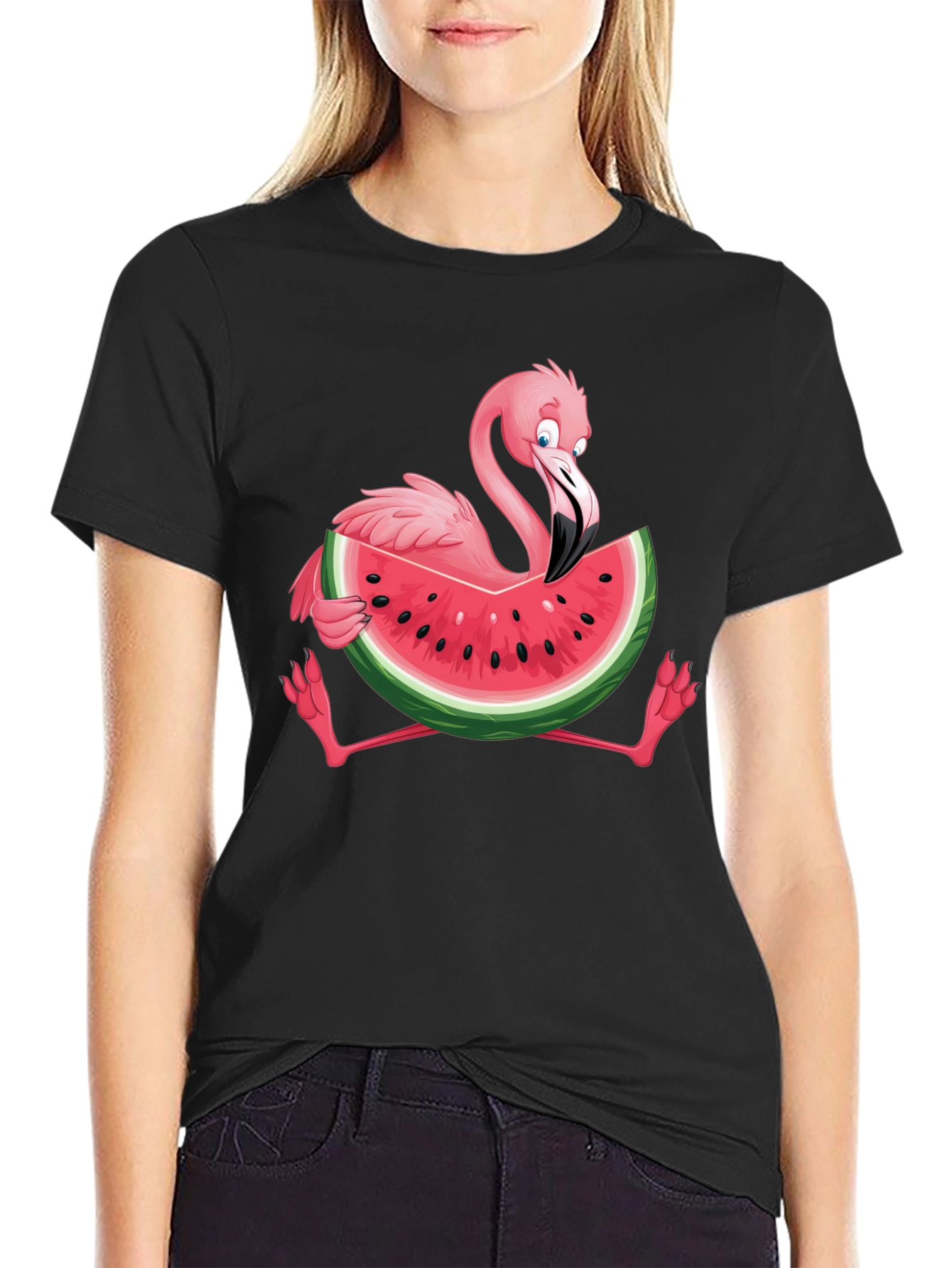 Black Flamingo Watermelon Graphic Tee - Fun Summer Shirt view 2