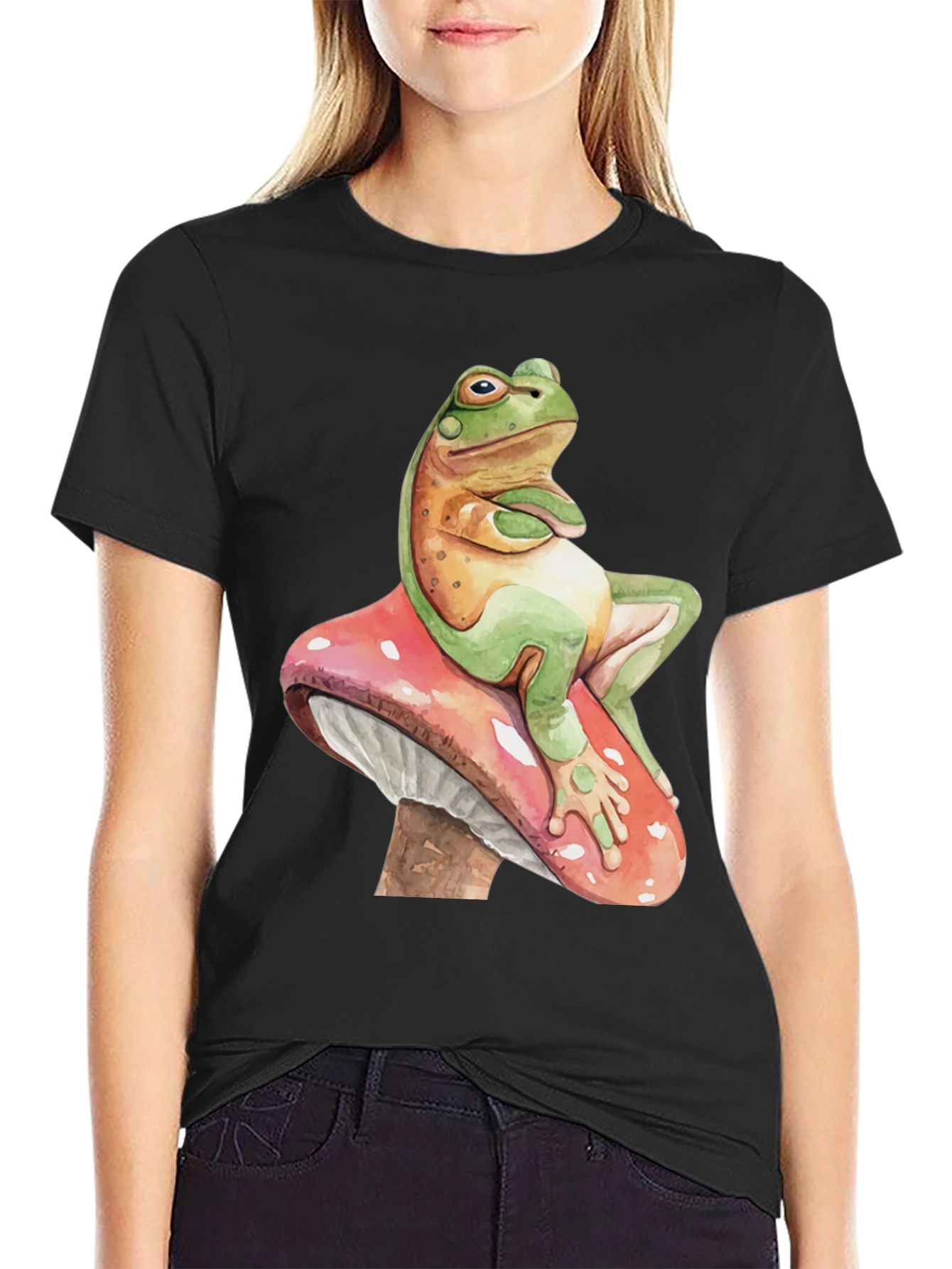 Black Frog on Mushroom T-Shirt - Relaxed Funny Graphic Tee view 2