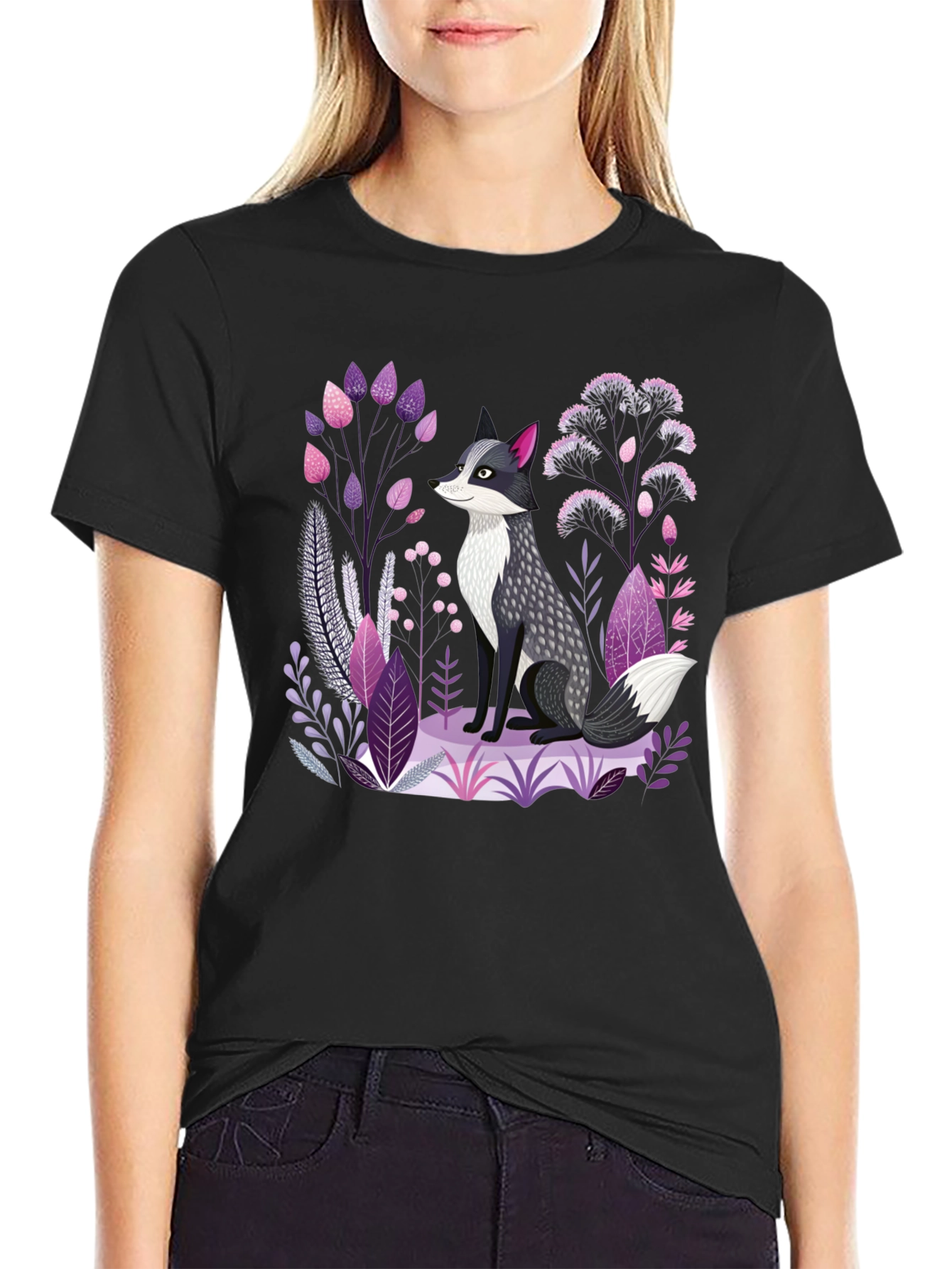 Black Fox & Floral Graphic Print Black T-Shirt view 2