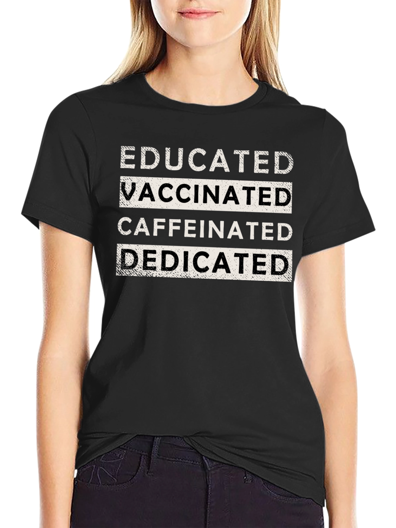 Black Educated Vaccinated Caffeinated Dedicated T-Shirt view 2