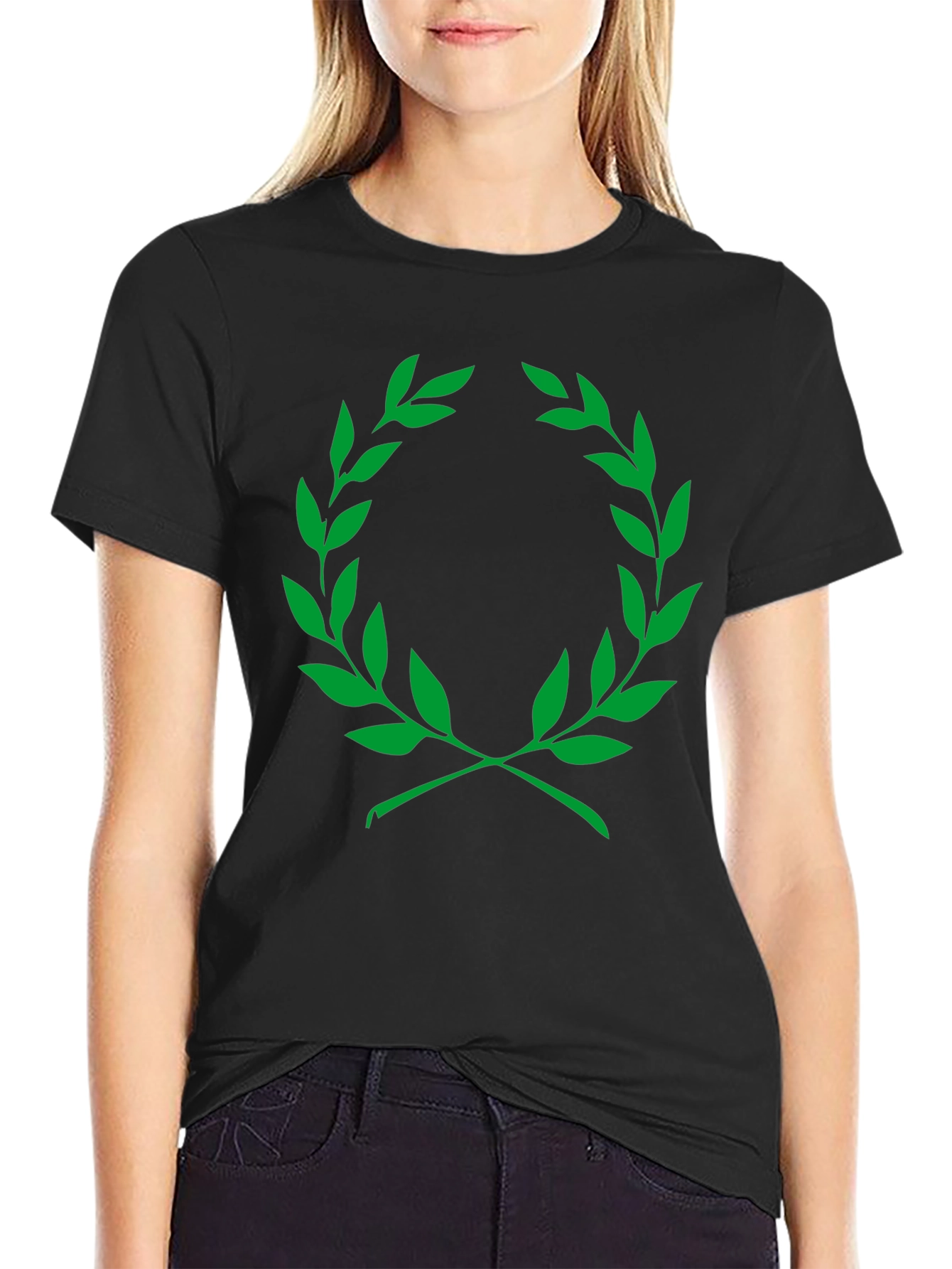 Black Men's Black T-Shirt with Green Laurel Wreath Graphic view 2