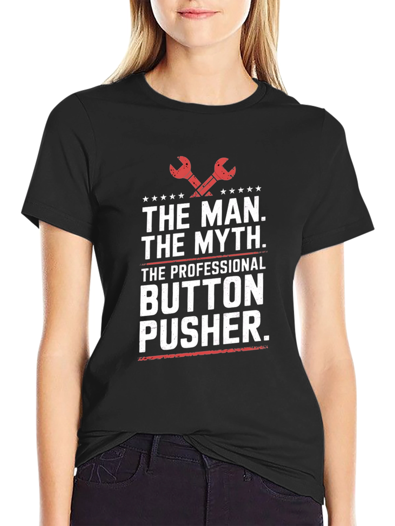 Black The Man The Myth Button Pusher T-Shirt view 2
