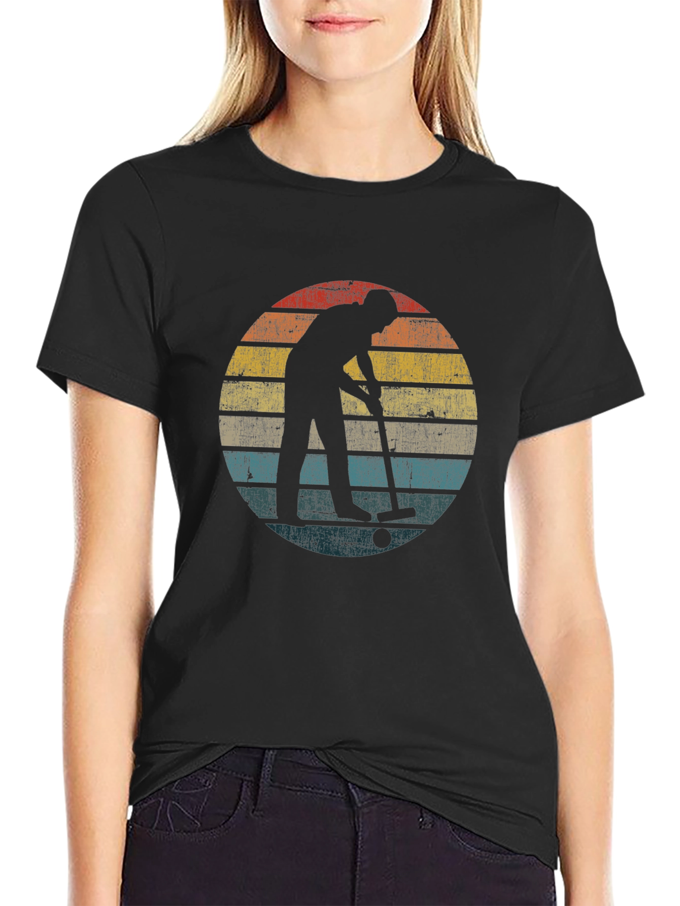 Black Vintage Hockey Player Silhouette T-Shirt - Retro Style view 2