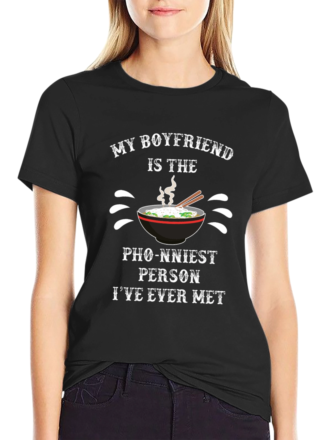 Black Funny Pho Pun T-Shirt - 'My Boyfriend is the Pho-nniest' view 2