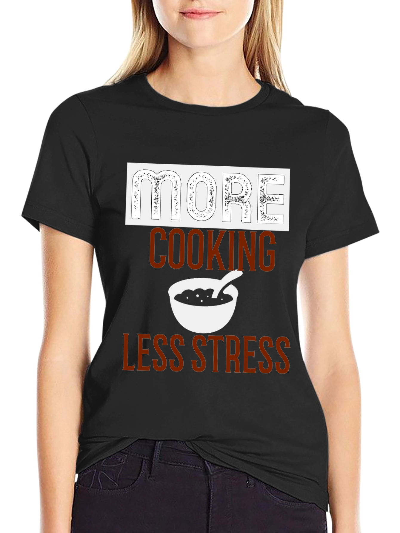 Black More Cooking Less Stress Graphic T-Shirt view 2