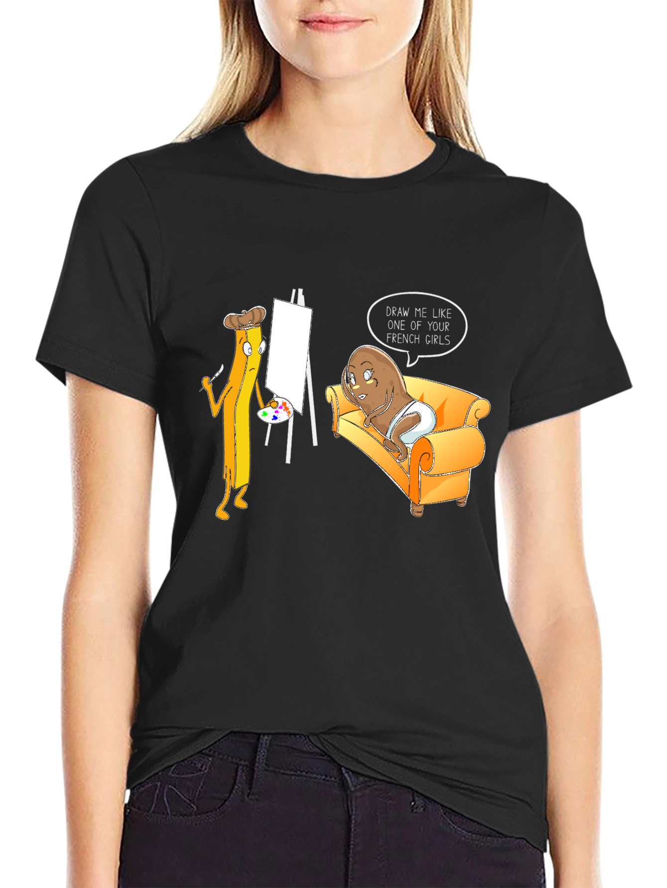 Black Funny Potato and Fries Art T-Shirt view 2