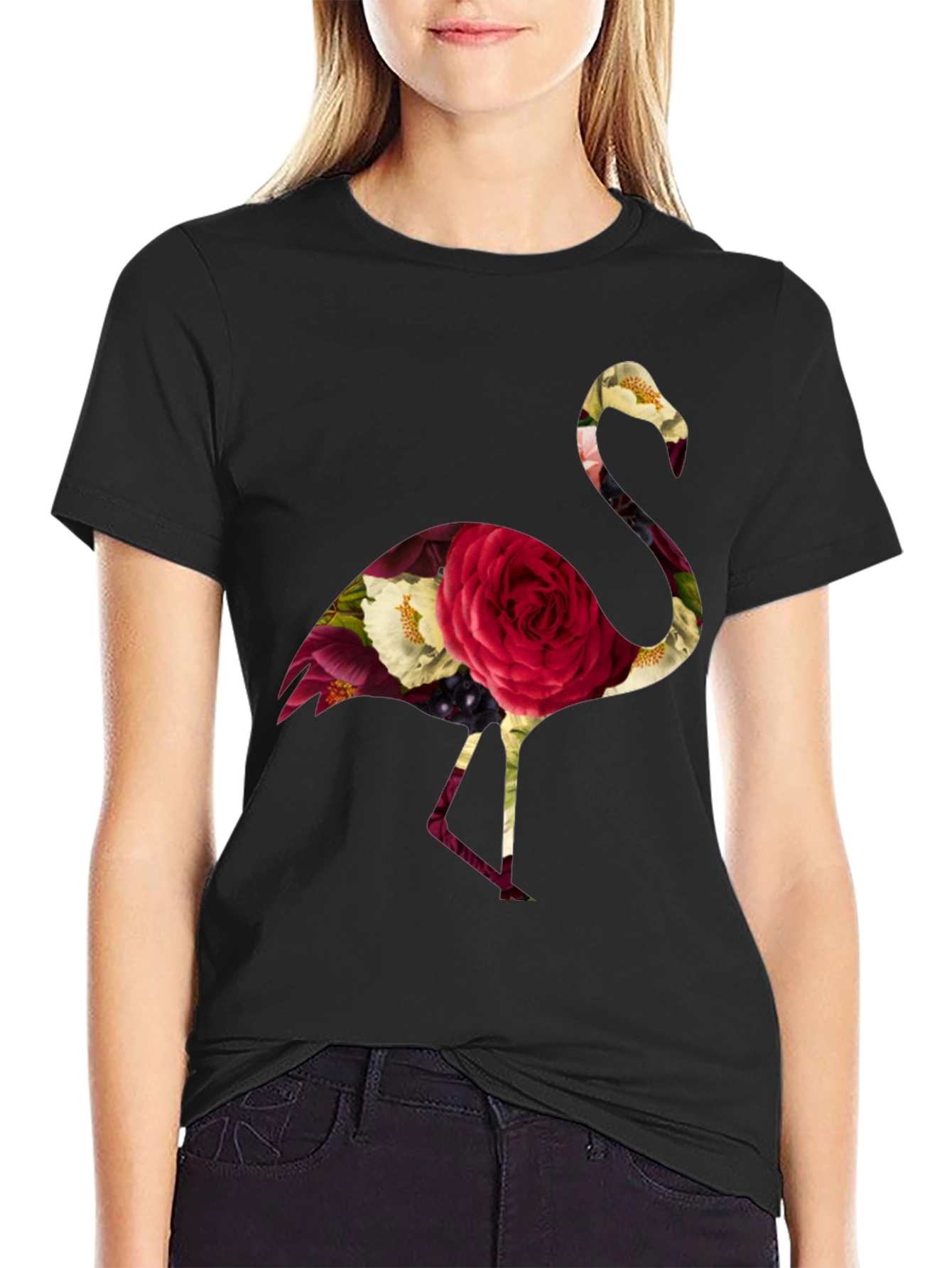 Black Floral Flamingo Graphic Tee - Black view 2