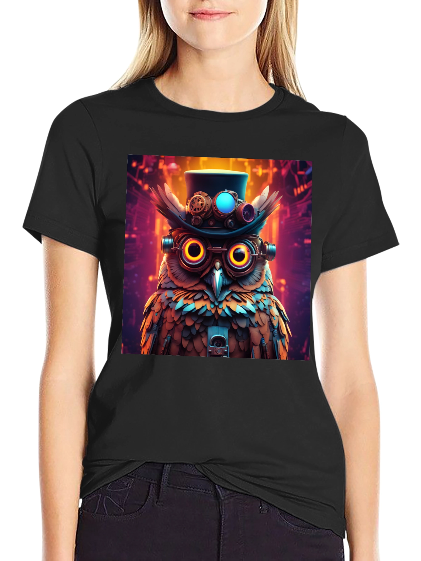 Black Steampunk Owl T-Shirt - Unique Graphic Tee view 2