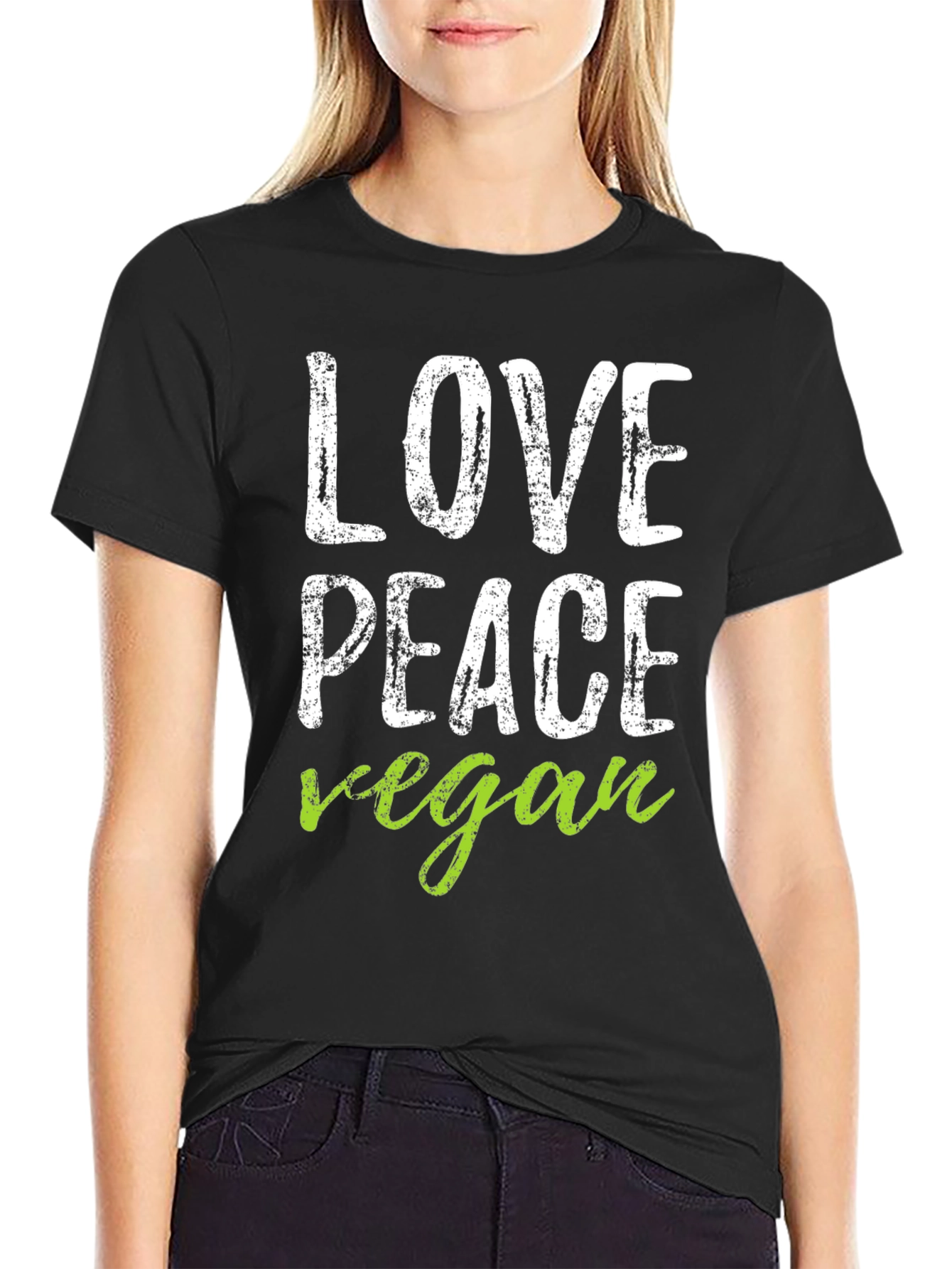 Black Love Peace Vegan Graphic Tee - Black Cotton T-Shirt view 2