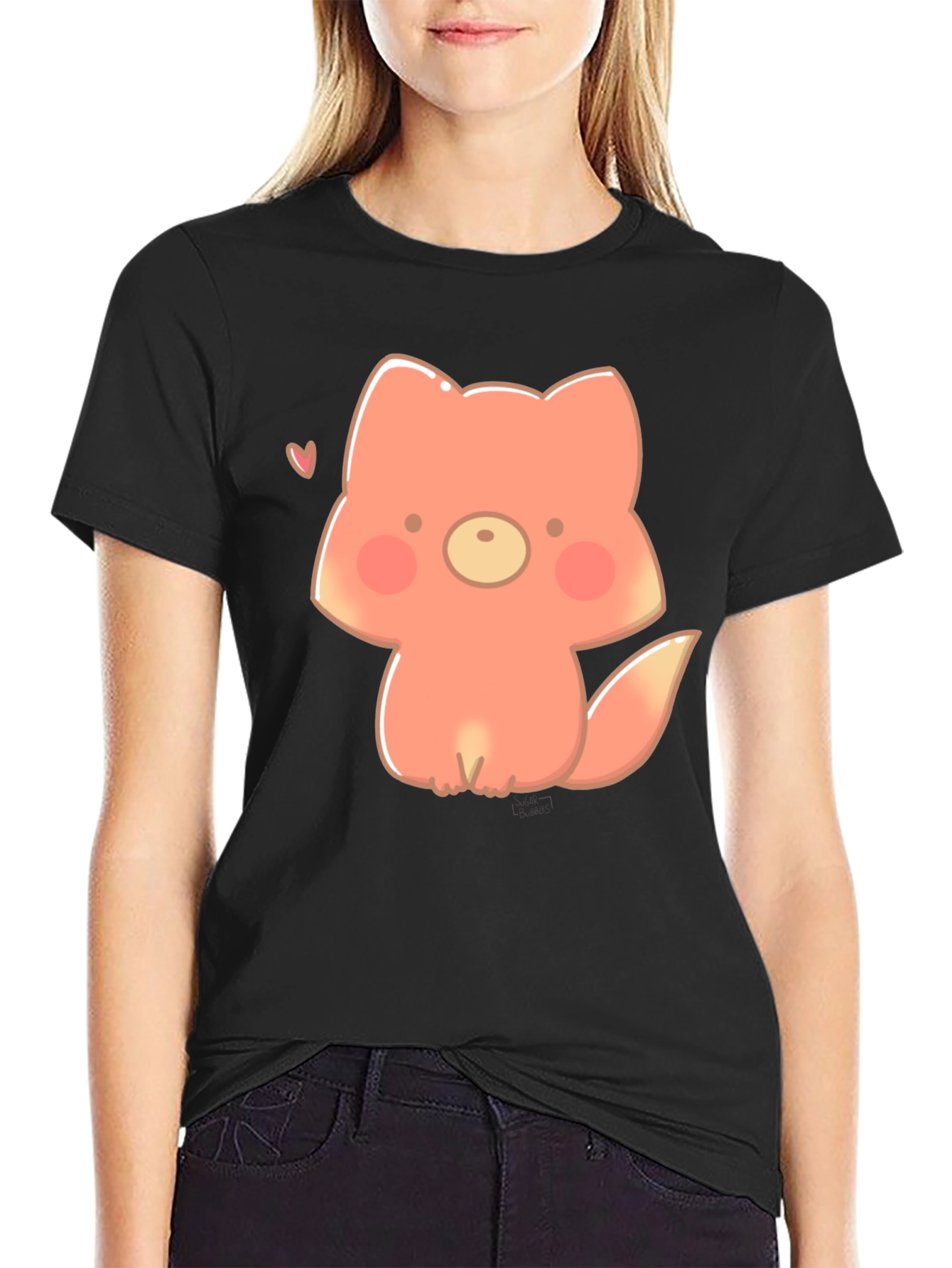 Black Cute Cartoon Fox Black T-Shirt view 2