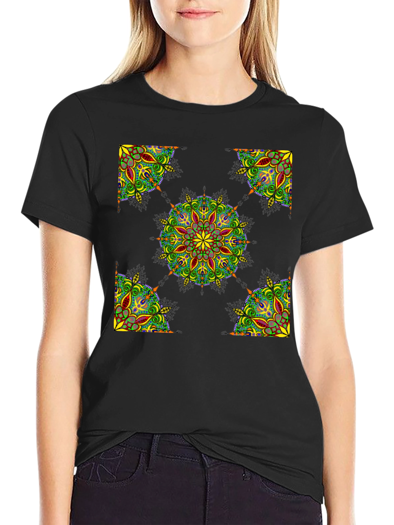 Black Black Mandala Print T-Shirt view 2